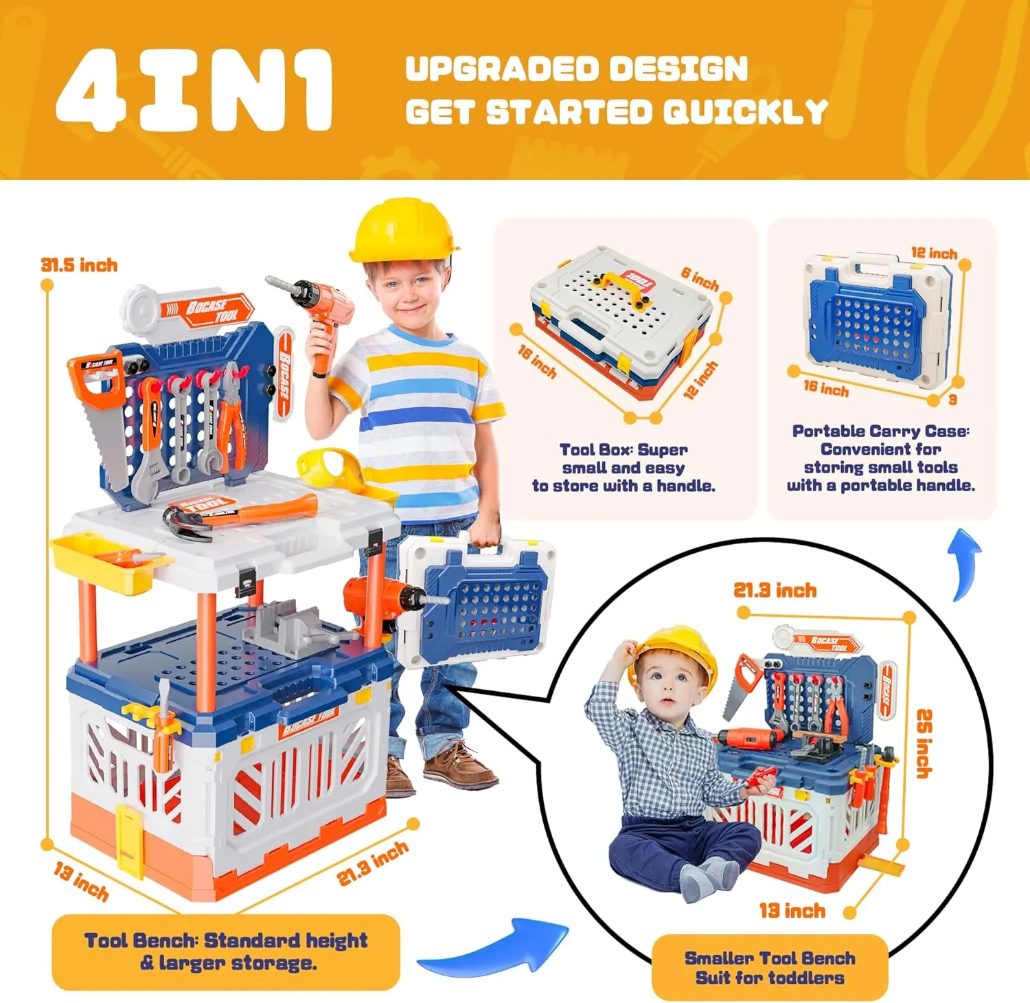 Toy Choi's Kids Tool Bench - 4 in 1 Kids Workbench with Electric Drill, Pretend Play Gift for Boys & Girls Age3-5 4-8