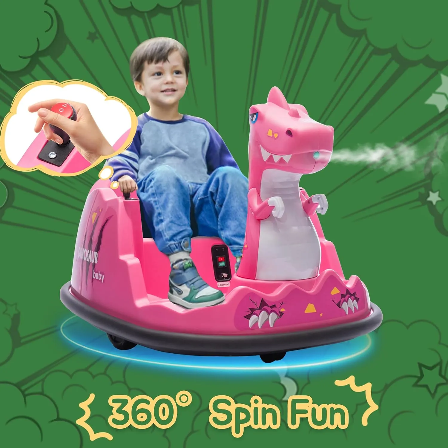 Track Seven 12V Electric Dinosaur Bumper Car for Kids, Kids Bumper with Spray, 360° Spin, Remote Control, Music, Ride On Toy for Boys Girls Toddlers Ages 2-6 (Pink)