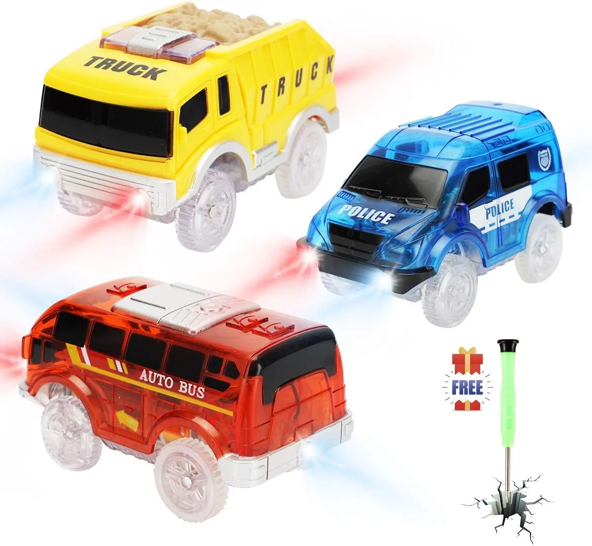 Tracks Cars only Replacement, Race Cars for Tracks Glow in the Dark, Light up Racing Car Track Accessories with 5 Flashing LED Lights, Compatible with Most Tracks for Kids Boys and Girls(3pack)