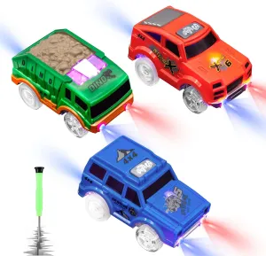 Tracks Cars Replacement only, Toy Cars for Magic Tracks Glow in The Dark, Racing Car Track Accessories with 5 Flashing LED Lights, Compatible with Most Car Tracks for Kids Boys and Girls(3pack)