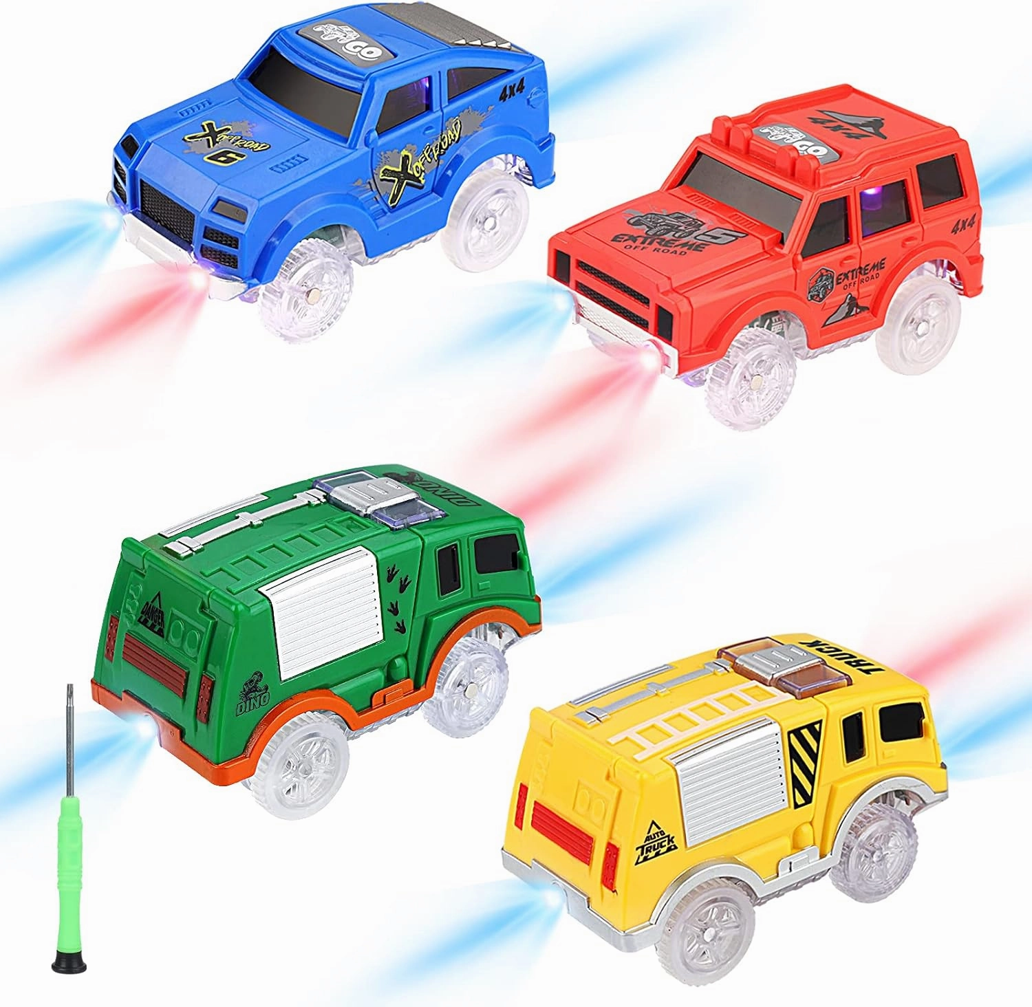 Tracks Cars Replacement only, Toy Cars for Magic Tracks Glow in the Dark, Racing Car Track Accessories with 5 Flashing LED Lights, Compatible with Most Car Tracks for Kids Boys and Girls(4pack)