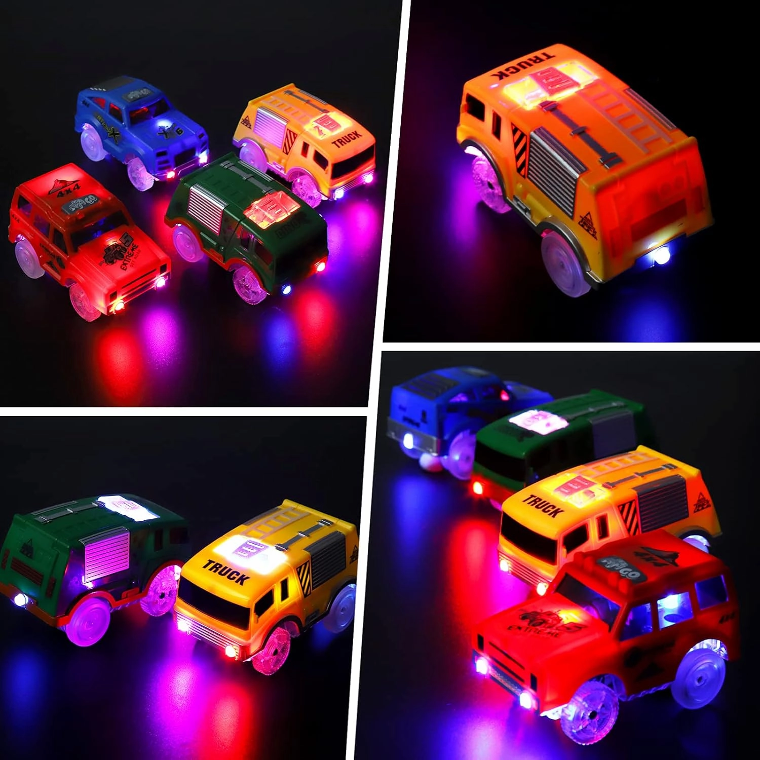 Tracks Cars Replacement only, Toy Cars for Magic Tracks Glow in the Dark, Racing Car Track Accessories with 5 Flashing LED Lights, Compatible with Most Car Tracks for Kids Boys and Girls(4pack)
