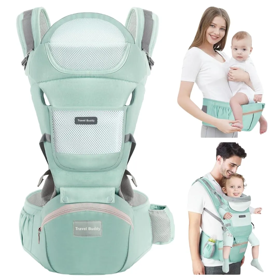Travel Buddy Baby Carrier | 4-in-1 with Hip Seat and Sling | Adjustable Size for Dad & Mom | Back & Lumbar Support | Ergonomic M Position Develops Healthy HIPS | 3-44lbs Newborn & Toddler Carrier
