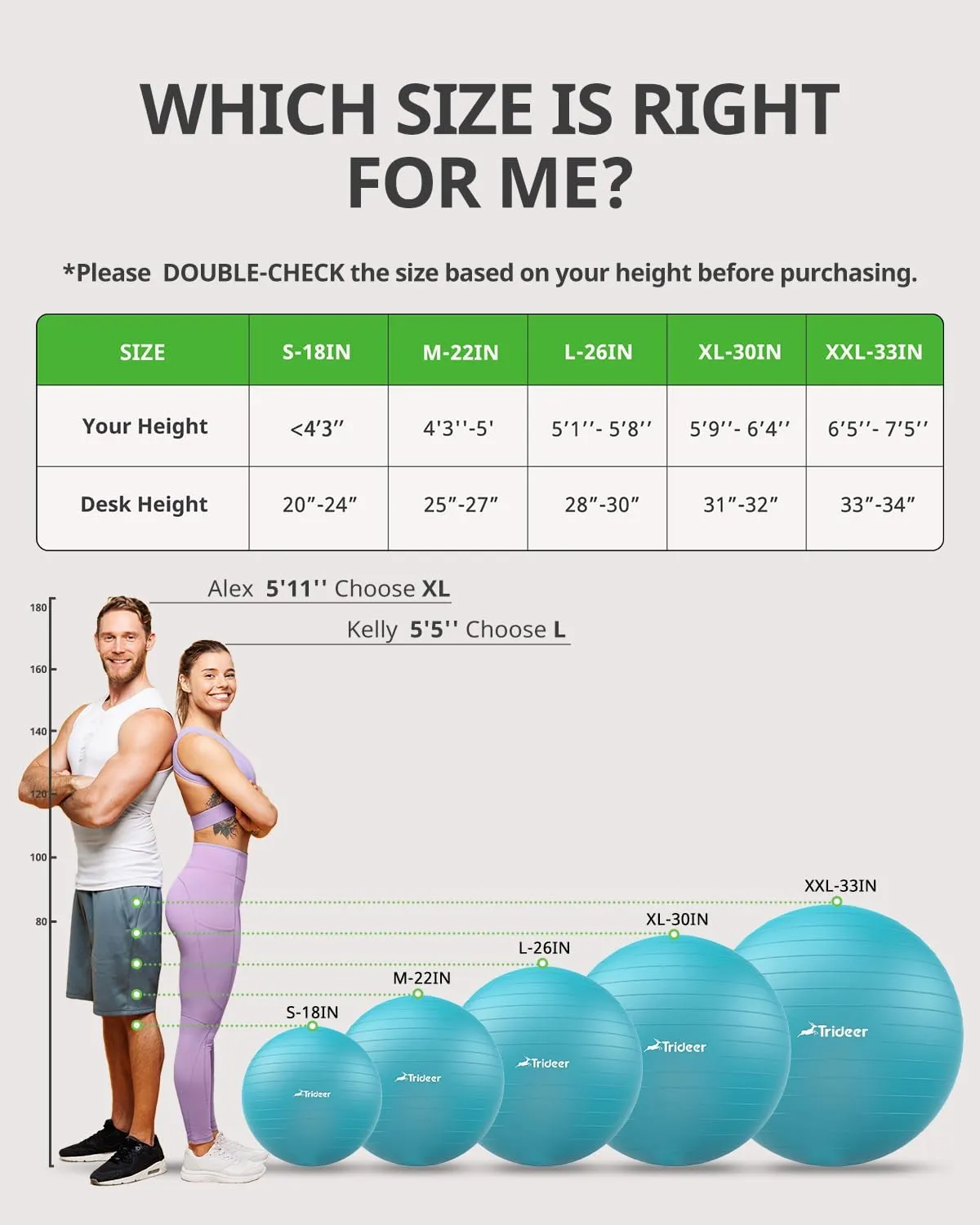 Trideer Extra Thick Yoga Ball Exercise Ball, 5 Sizes Gym Ball, Heavy Duty Ball Chair for Balance, Stability, Pregnancy, Quick Pump Included
