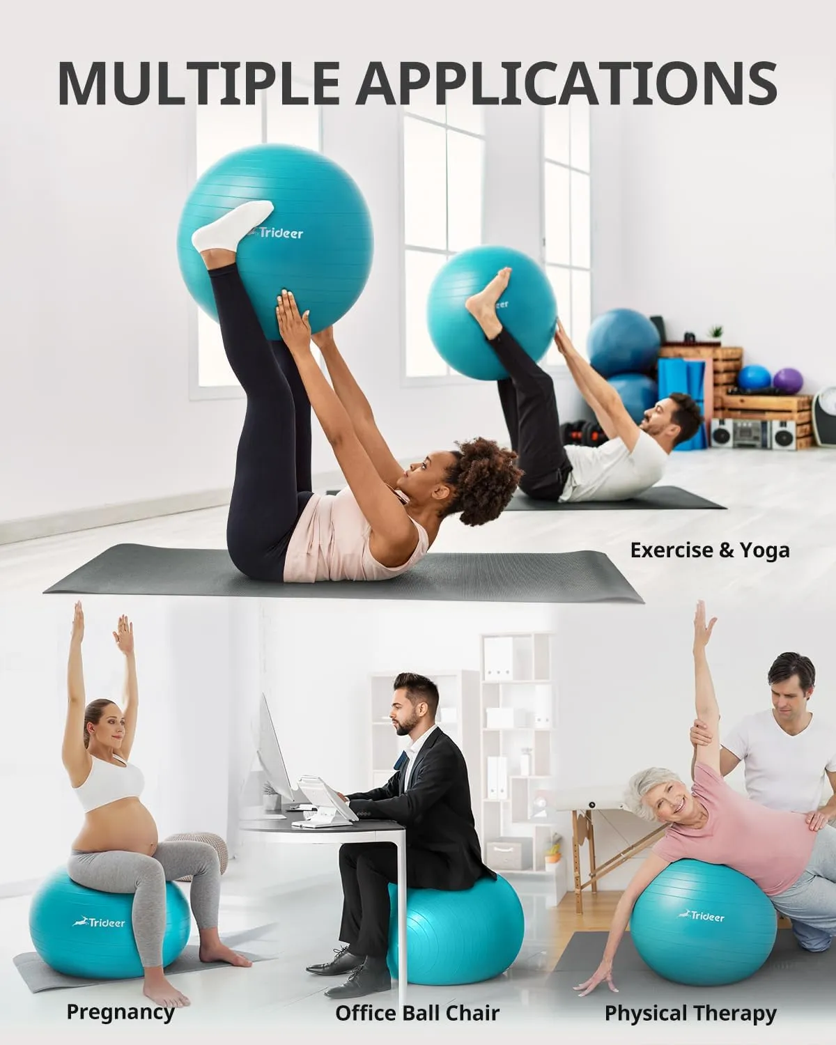 Trideer Extra Thick Yoga Ball Exercise Ball, 5 Sizes Gym Ball, Heavy Duty Ball Chair for Balance, Stability, Pregnancy, Quick Pump Included