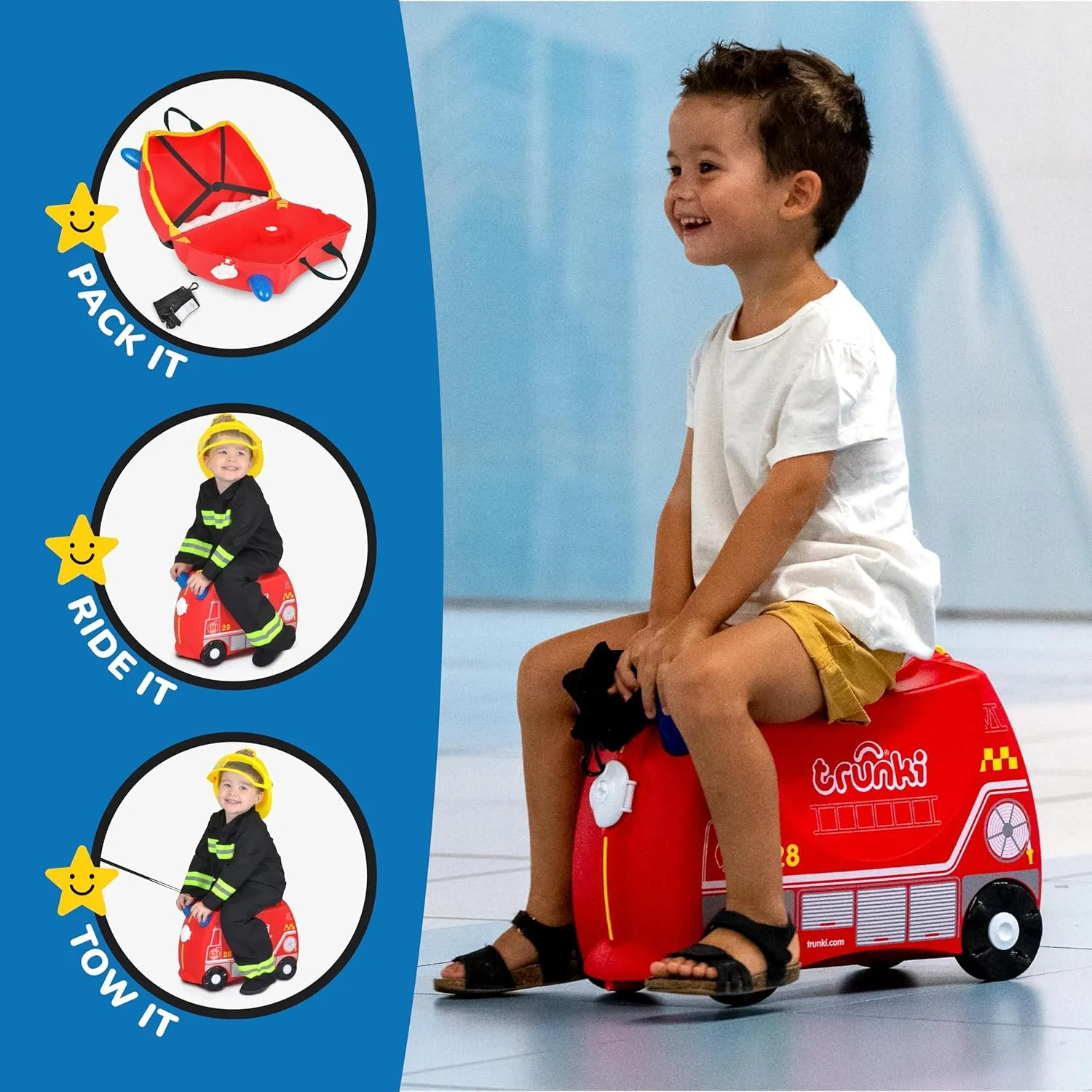 Trunki Ride-On Kids Suitcase | Tow-Along Toddler Luggage | Carry-On Cute Bag with Wheels | Kids Luggage and Airplane Travel Essentials: Frank Fire Truck Red