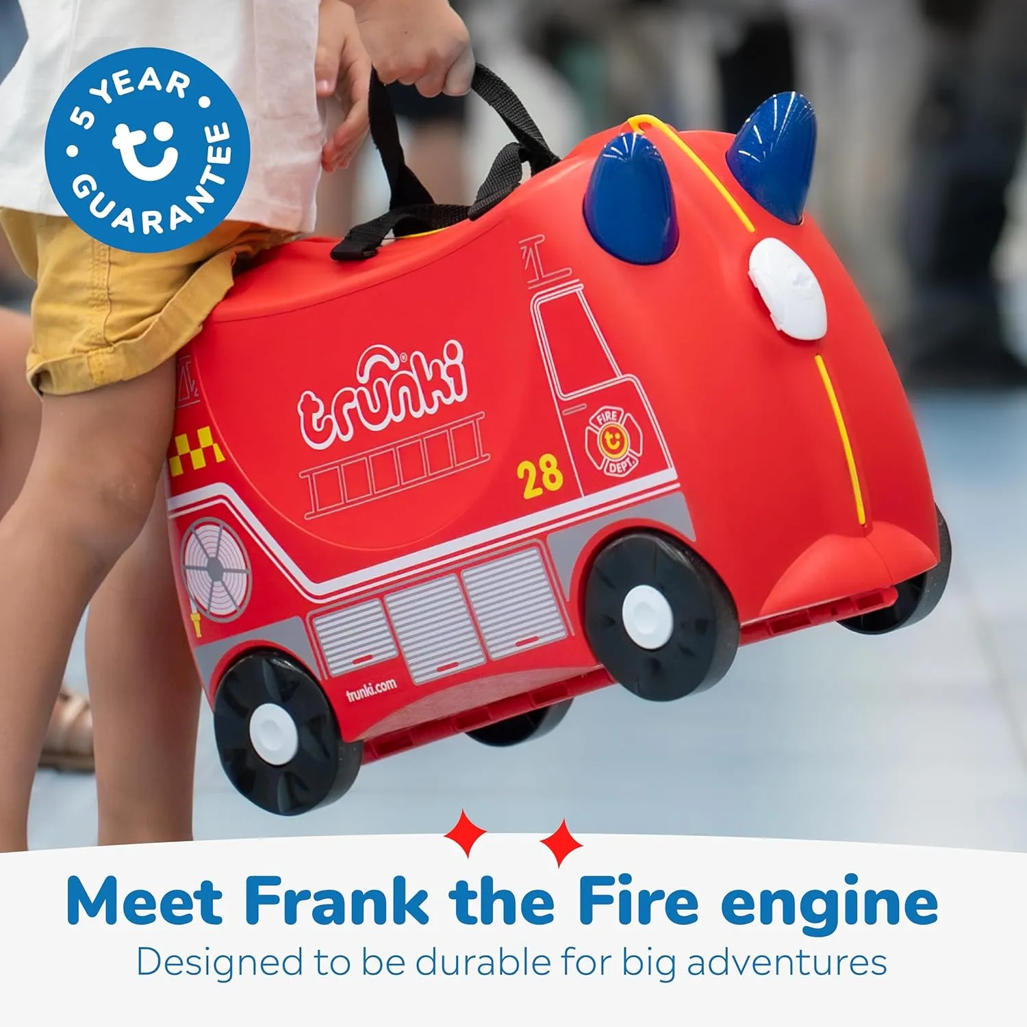 Trunki Ride-On Kids Suitcase | Tow-Along Toddler Luggage | Carry-On Cute Bag with Wheels | Kids Luggage and Airplane Travel Essentials: Frank Fire Truck Red