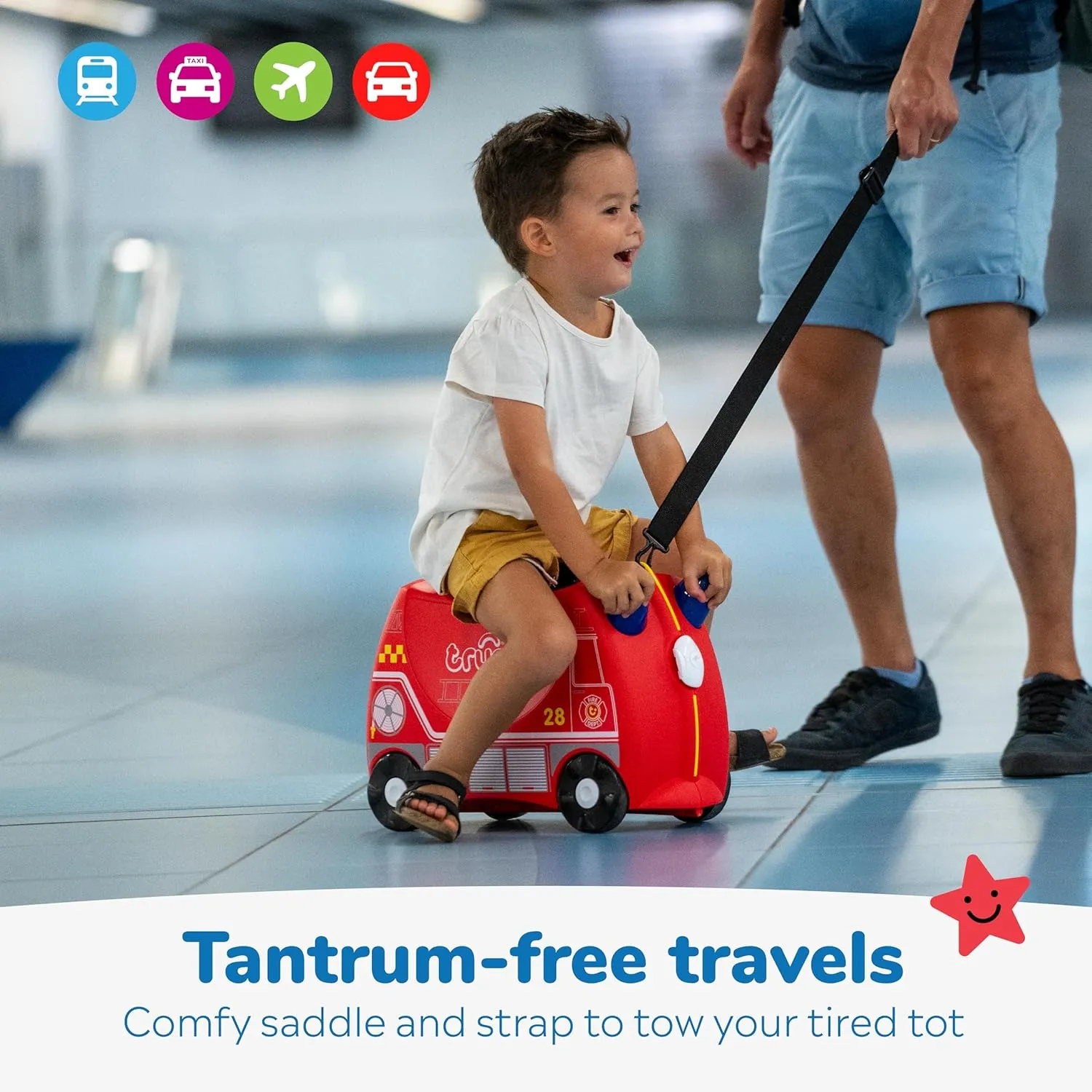 Trunki Ride-On Kids Suitcase | Tow-Along Toddler Luggage | Carry-On Cute Bag with Wheels | Kids Luggage and Airplane Travel Essentials: Frank Fire Truck Red