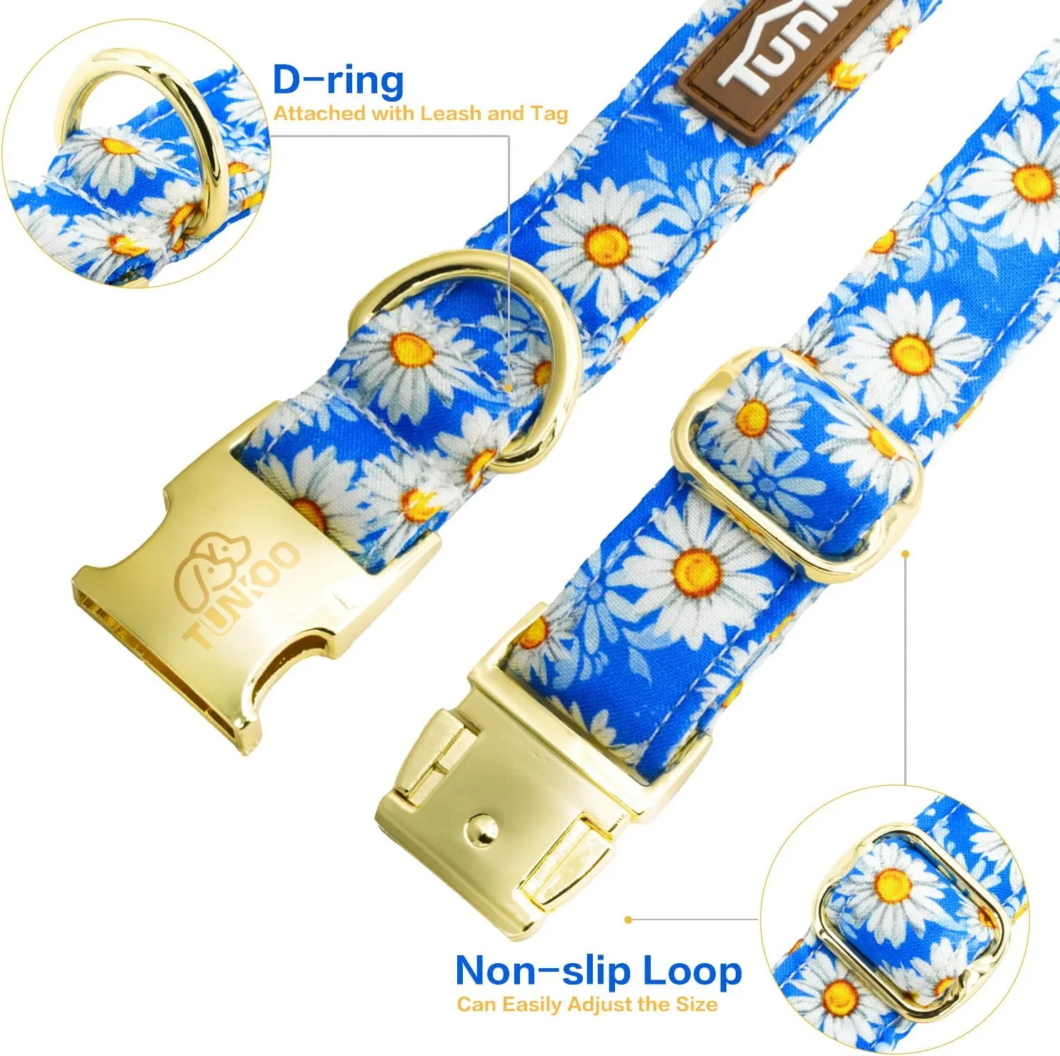 Tunkoo Blue Daisy Dog Collar with Cute Flower Bow Tie, Adjustable Premium Cotton Collar Durable Metal Buckle for Small Medium Large Boys Girls Dogs, L