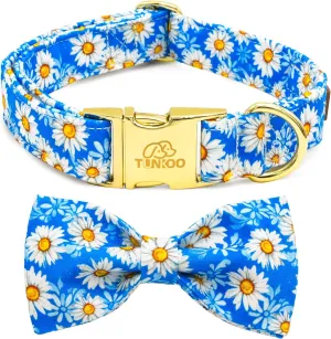 Tunkoo Blue Daisy Dog Collar with Cute Flower Bow Tie, Adjustable Premium Cotton Collar Durable Metal Buckle for Small Medium Large Boys Girls Dogs, L