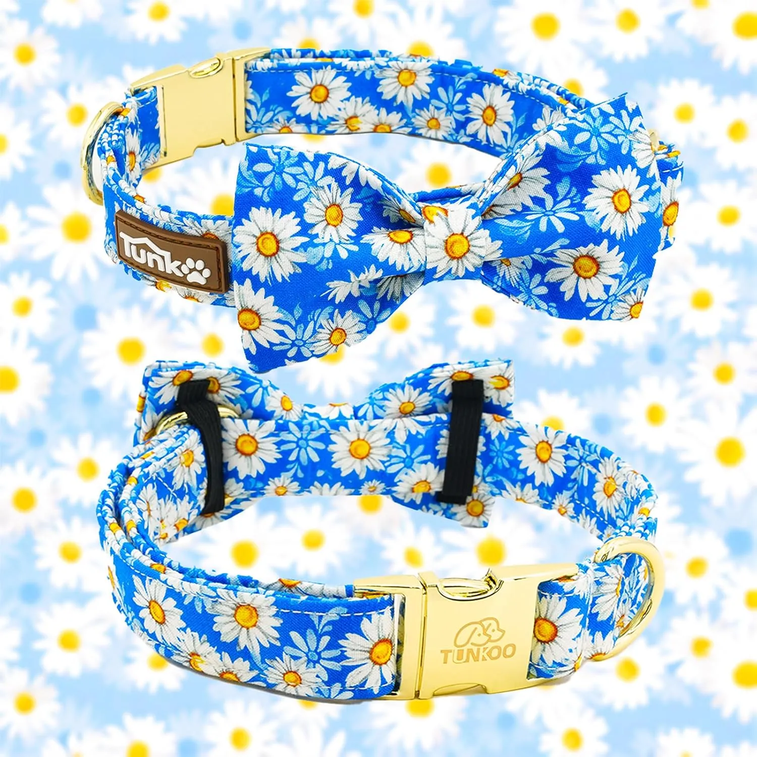 Tunkoo Blue Daisy Dog Collar with Cute Flower Bow Tie, Adjustable Premium Cotton Collar Durable Metal Buckle for Small Medium Large Boys Girls Dogs, L