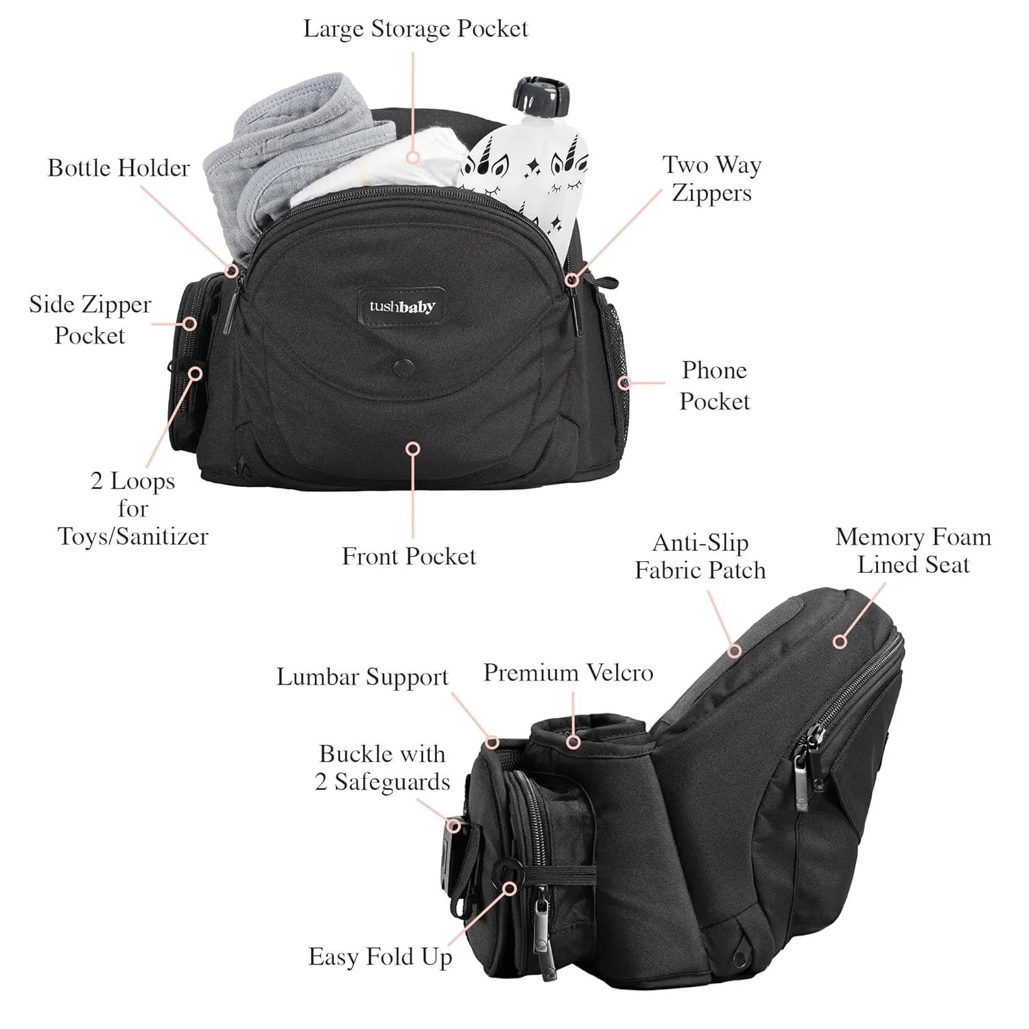 Tushbaby The Original Safety-Certified Hip Carrier for Babies & Toddlers: Machine Washable Child Waist Seat with Pocket Storage, As Seen on Shark Tank (23”-44” Waist, 0-3 yrs up to 45lbs) – Black