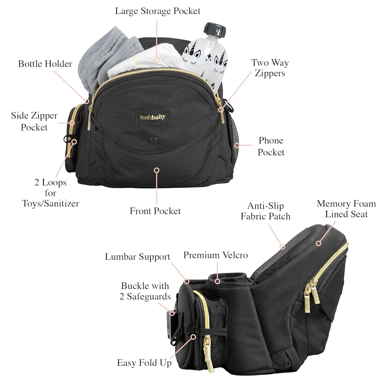 Tushbaby The Original Safety-Certified Hip Carrier for Babies & Toddlers: Machine Washable Child Waist Seat with Pocket Storage, As Seen on Shark Tank (23”-44” waist, 0-3 yrs up to 45lbs) – Black/Gold
