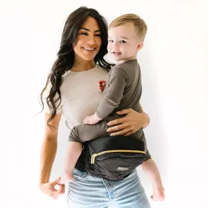 Tushbaby The Original Safety-Certified Hip Carrier for Babies & Toddlers: Machine Washable Child Waist Seat with Pocket Storage, As Seen on Shark Tank (23”-44” waist, 0-3 yrs up to 45lbs) – Black/Gold
