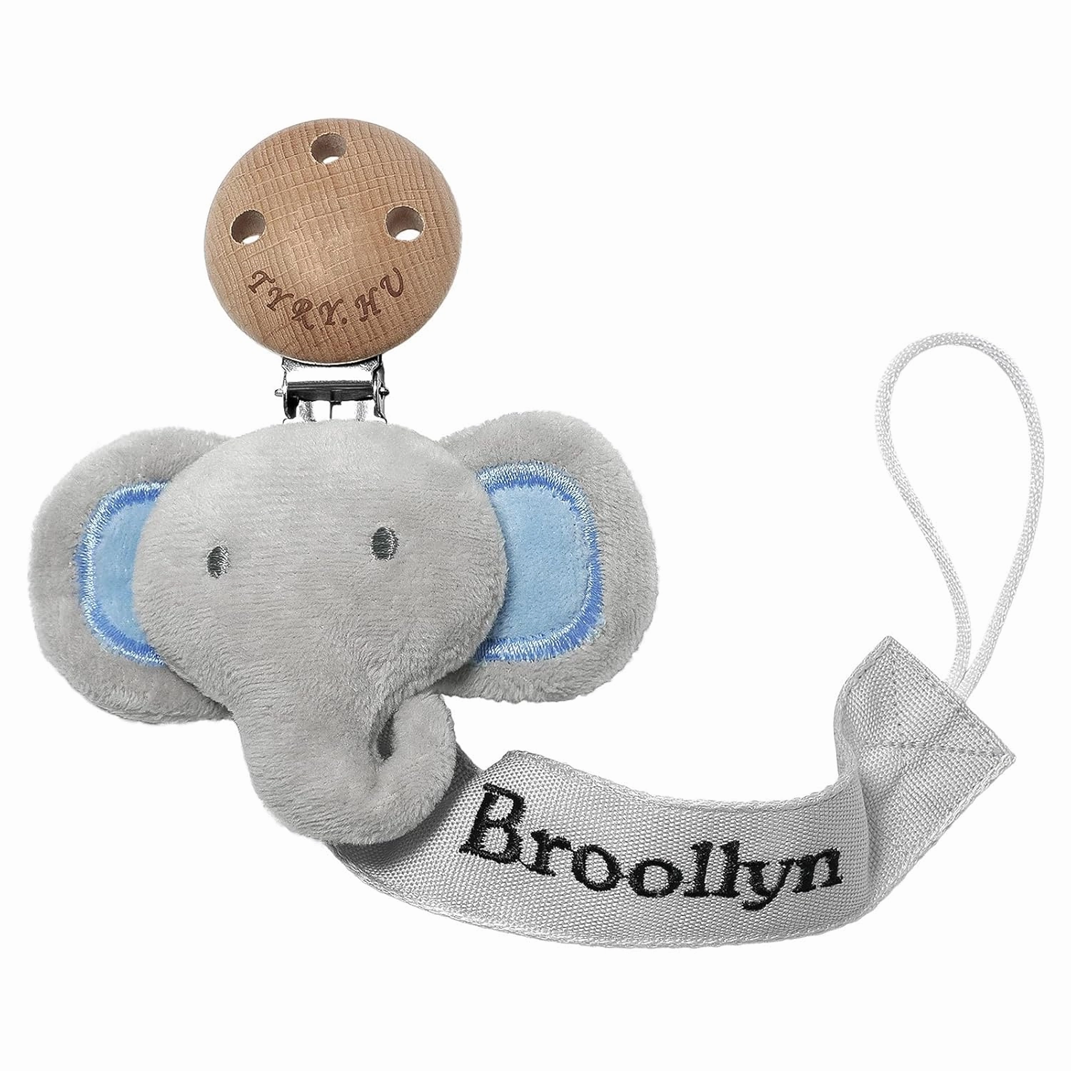 TYRY.HU Personalized Pacifier Clip with Name, Customize Pacifier Leash, Embroidery Ribbon Pacifier Holder for Girls and Boys, Universally Fit All Pacifiers & Baby Toys, Grey Elephant