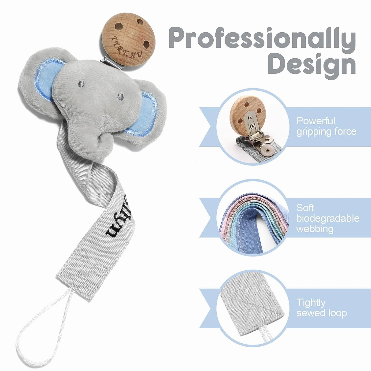 TYRY.HU Personalized Pacifier Clip with Name, Customize Pacifier Leash, Embroidery Ribbon Pacifier Holder for Girls and Boys, Universally Fit All Pacifiers & Baby Toys, Grey Elephant