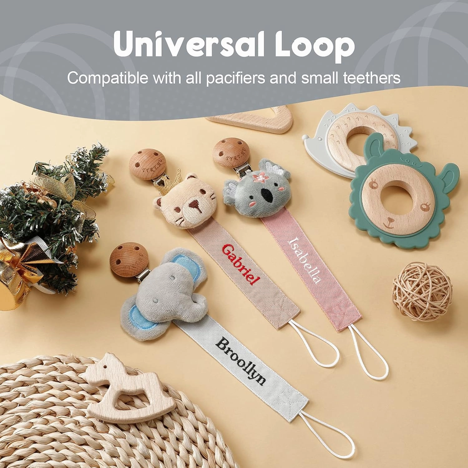TYRY.HU Personalized Pacifier Clip with Name, Customize Pacifier Leash, Embroidery Ribbon Pacifier Holder for Girls and Boys, Universally Fit All Pacifiers & Baby Toys, Grey Elephant