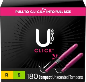 U by Kotex Click Multipack Tampons, Compact, Regular/Super Absorbency, Unscented, 180 Count (6 Packs of 30) (Packaging May Vary)