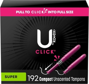 U by Kotex Click Compact Tampons, Super Absorbency, Unscented, 192 Count (6 Packs of 32) (Packaging May Vary)