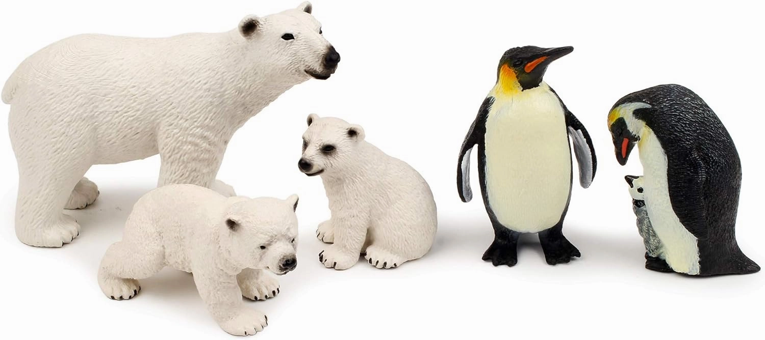 UANDME Polar Animal Toy Figurines Set, Includes Polar Bear Family & Emperor Penguin Family Figures