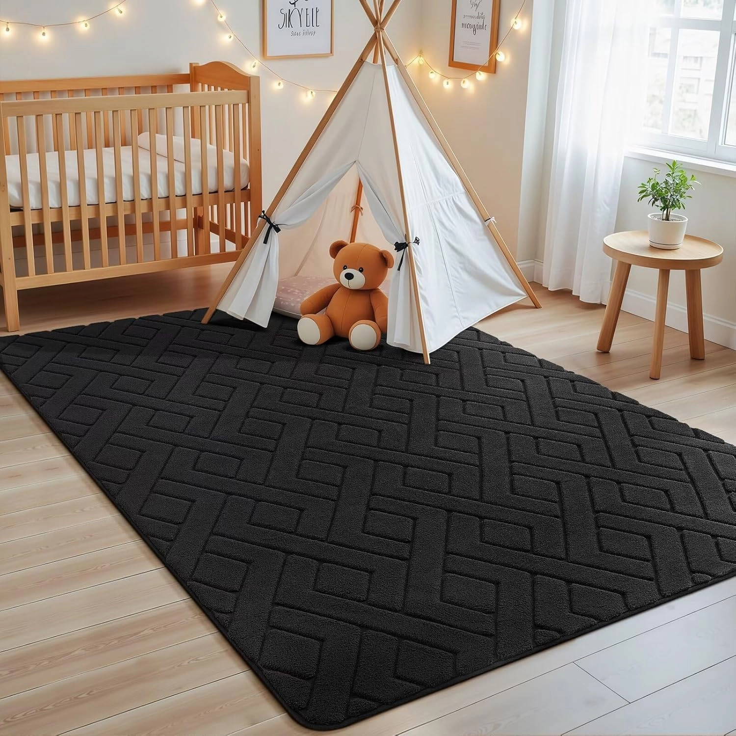 Ultra Soft Black Area Rug for Bedroom, 4x6 Modern Geometric Shag Rugs with Nonslip Backing for Living Room, Washable Fuzzy Carpet for Cozy Kids Room Nursery