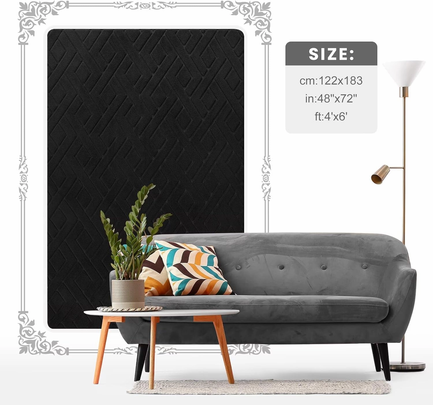 Ultra Soft Black Area Rug for Bedroom, 4x6 Modern Geometric Shag Rugs with Nonslip Backing for Living Room, Washable Fuzzy Carpet for Cozy Kids Room Nursery