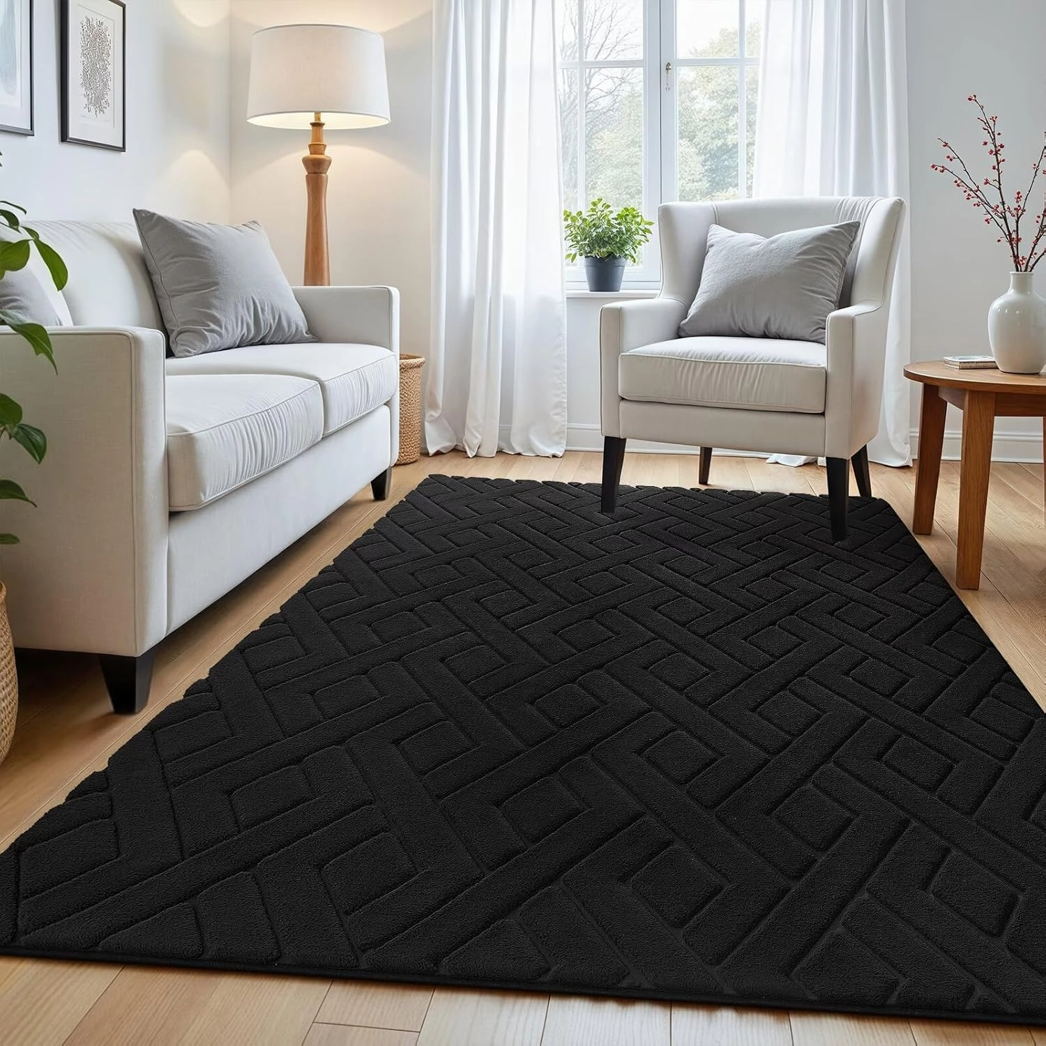 Ultra Soft Black Area Rug for Bedroom, 4x6 Modern Geometric Shag Rugs with Nonslip Backing for Living Room, Washable Fuzzy Carpet for Cozy Kids Room Nursery
