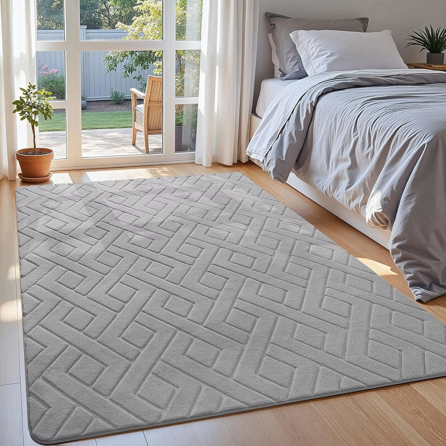 Ultra Soft Grey Area Rug for Bedroom, 4x6 Modern Geometric Shag Rugs with Nonslip Backing for Living Room, Washable Fuzzy Carpet for Cozy Kids Room Nursery