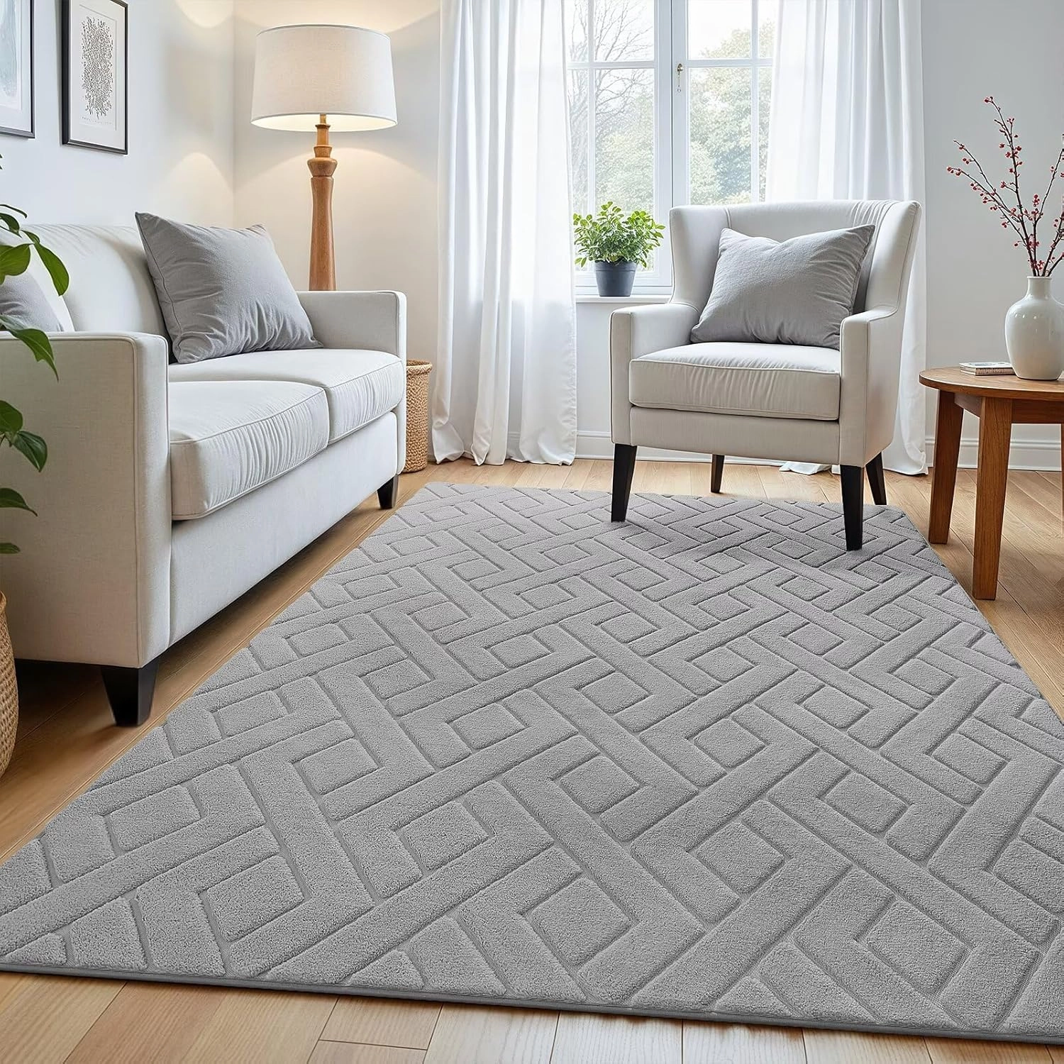 Ultra Soft Grey Area Rug for Bedroom, 4x6 Modern Geometric Shag Rugs with Nonslip Backing for Living Room, Washable Fuzzy Carpet for Cozy Kids Room Nursery