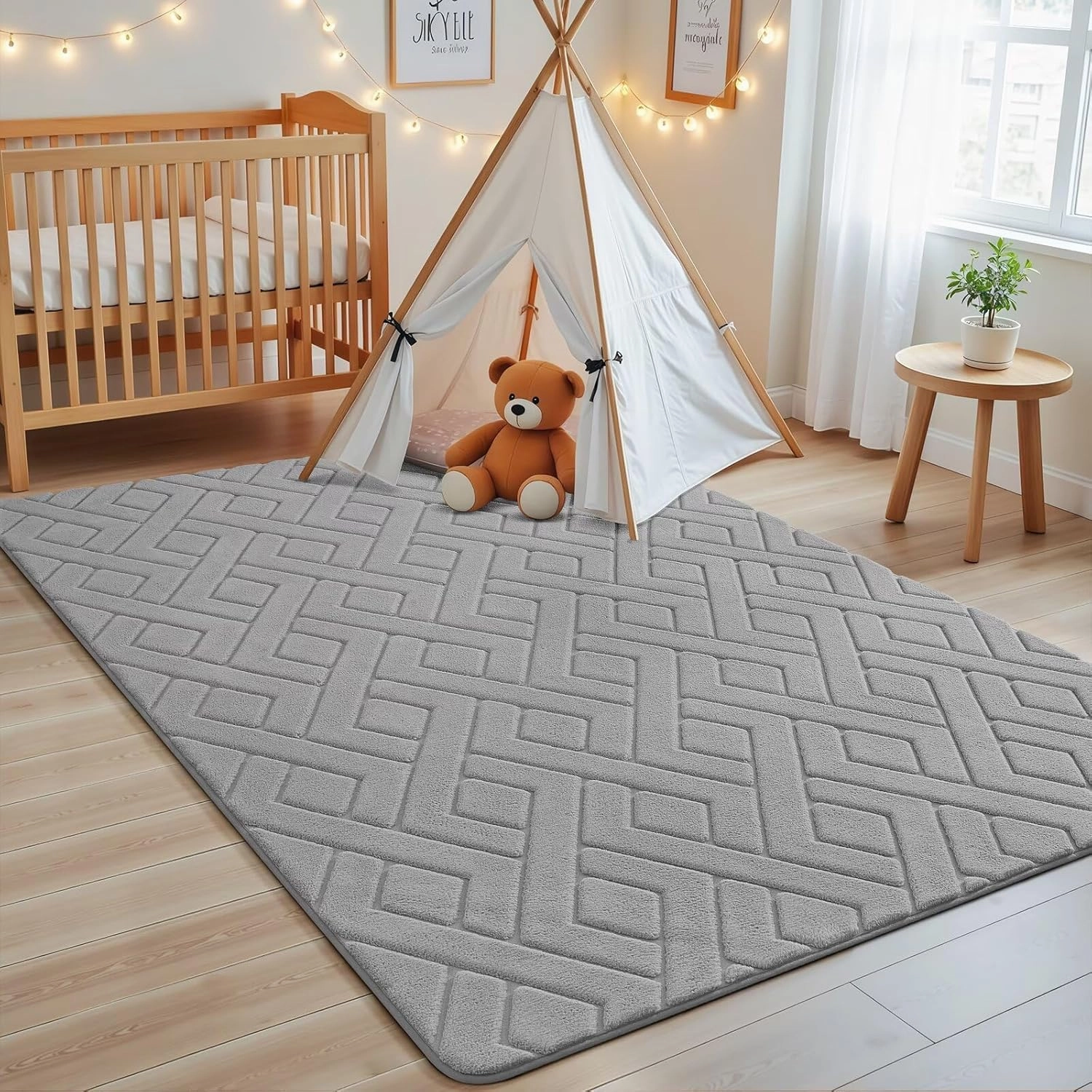 Ultra Soft Grey Area Rug for Bedroom, 4x6 Modern Geometric Shag Rugs with Nonslip Backing for Living Room, Washable Fuzzy Carpet for Cozy Kids Room Nursery