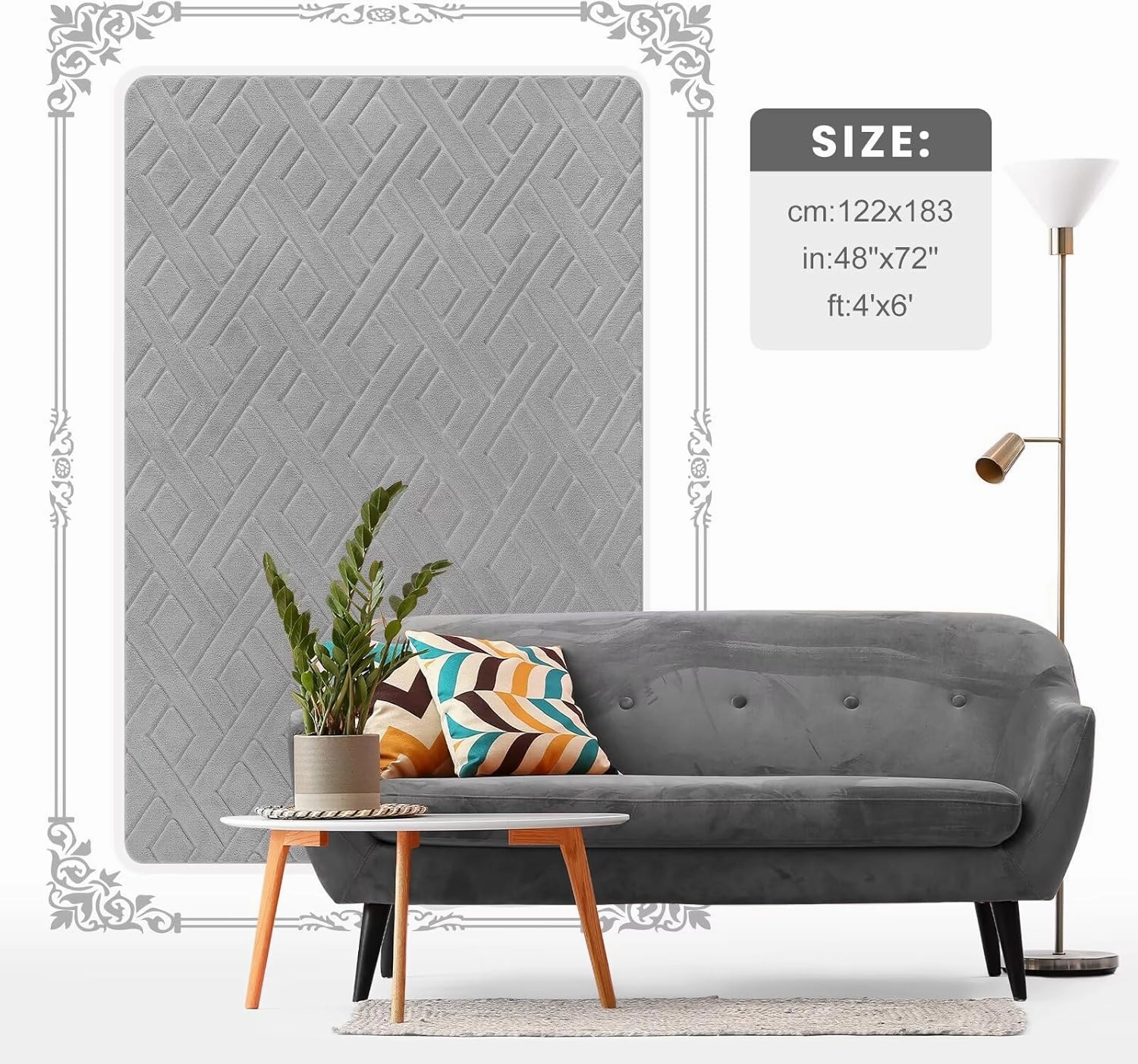 Ultra Soft Grey Area Rug for Bedroom, 4x6 Modern Geometric Shag Rugs with Nonslip Backing for Living Room, Washable Fuzzy Carpet for Cozy Kids Room Nursery