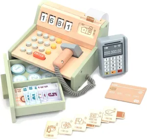 UMU® Wooden Cash Register for Kids - Includes Accessories (Scanner, Payment Terminal, Play Money, etc.), Role Play Shop & Accessories for Children Ages 3 4 5 6