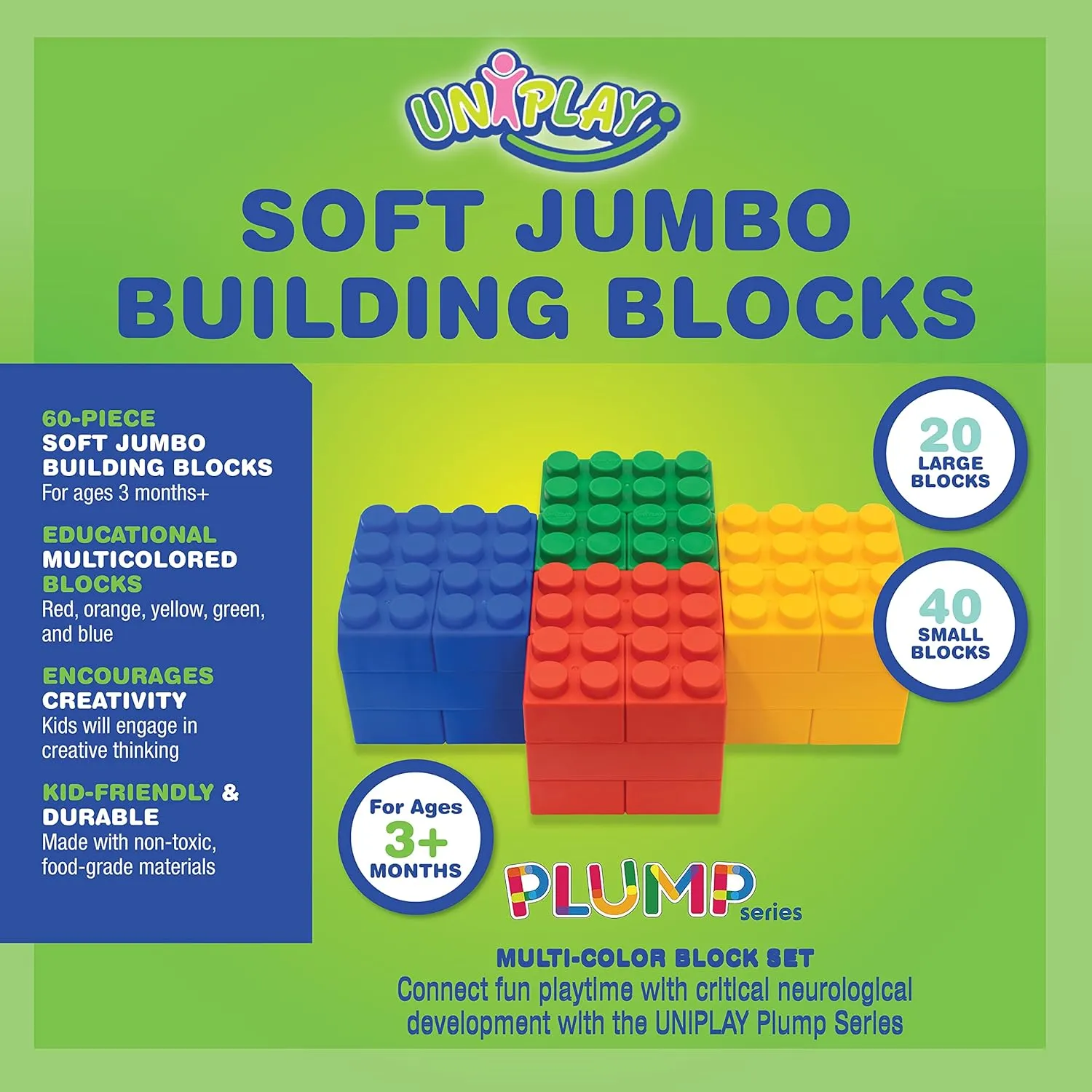 UNiPLAY Plump Soft Building Blocks - 60-Piece Jumbo Stacking Multicolor Set for Early Cognitive Development and Creative Play - Ages 3 Months 