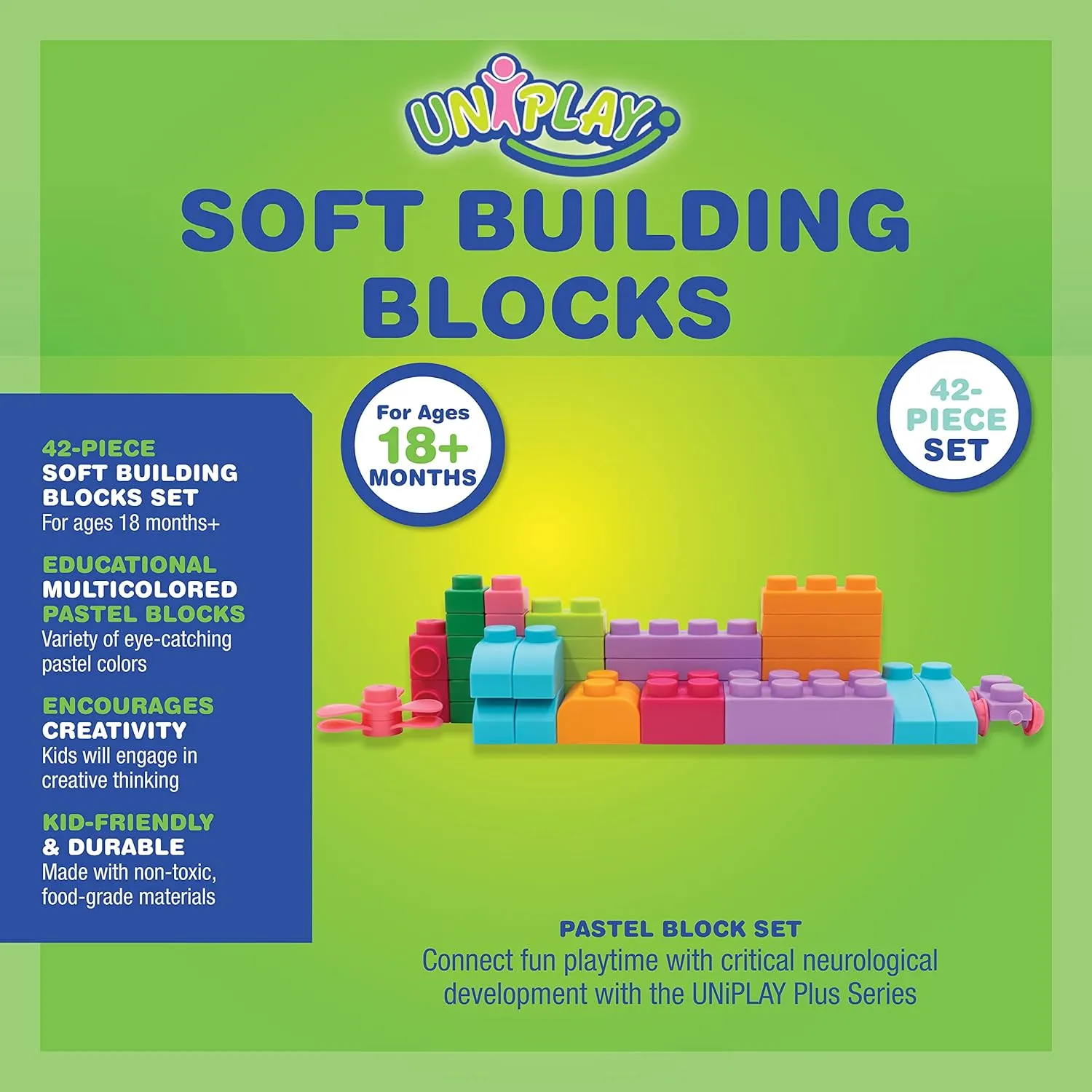 UNiPLAY Plus Soft Building Blocks — Creativity Toy, Educational Play, Cognitive Development, Early Learning Stacking Blocks for Infants and Toddlers, Pink (42-Piece Set)