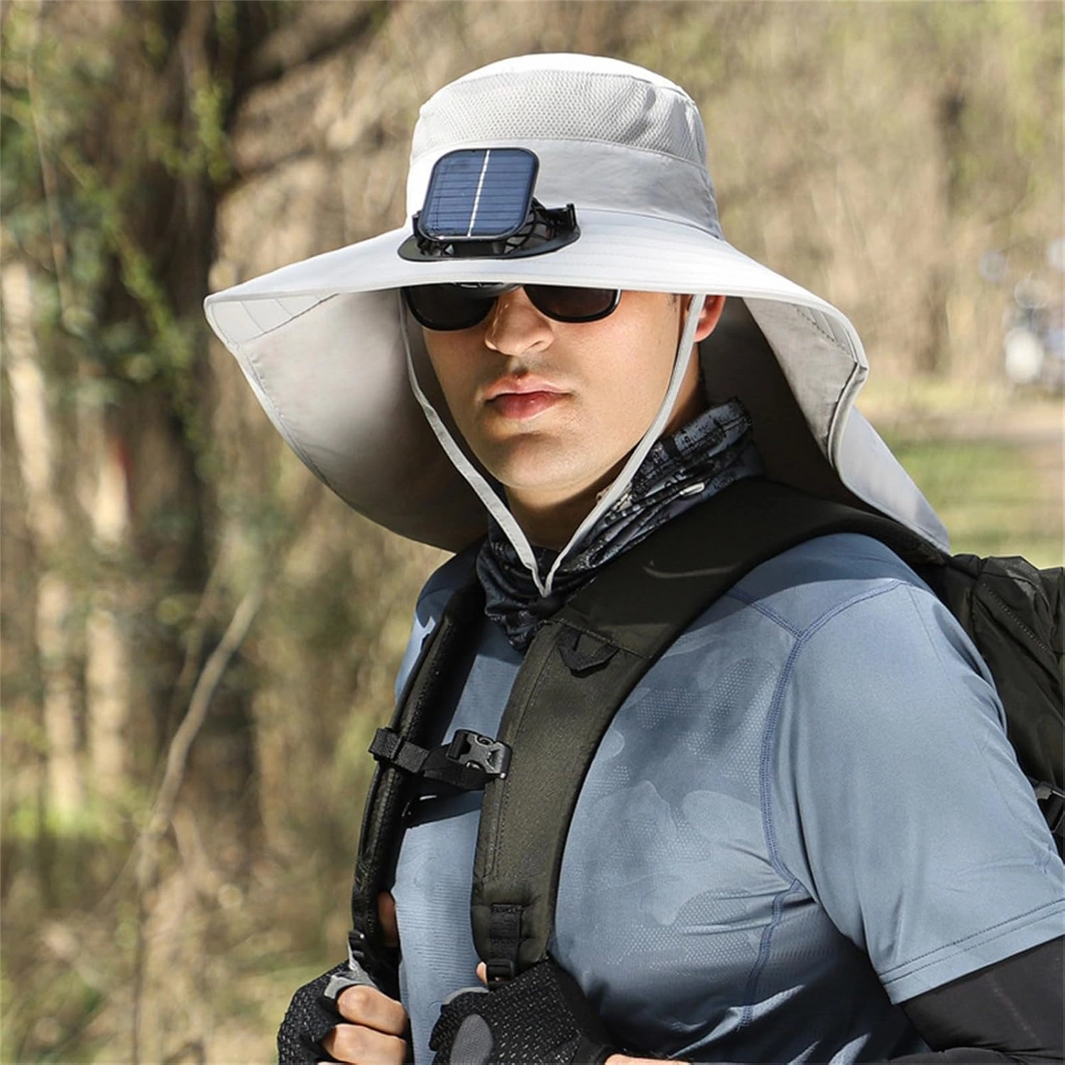 Unisex Solar Powered Fan Hat with 2 Removable Fans Wide Brim Sun Hat for Fishing Hiking USB Solar Charging