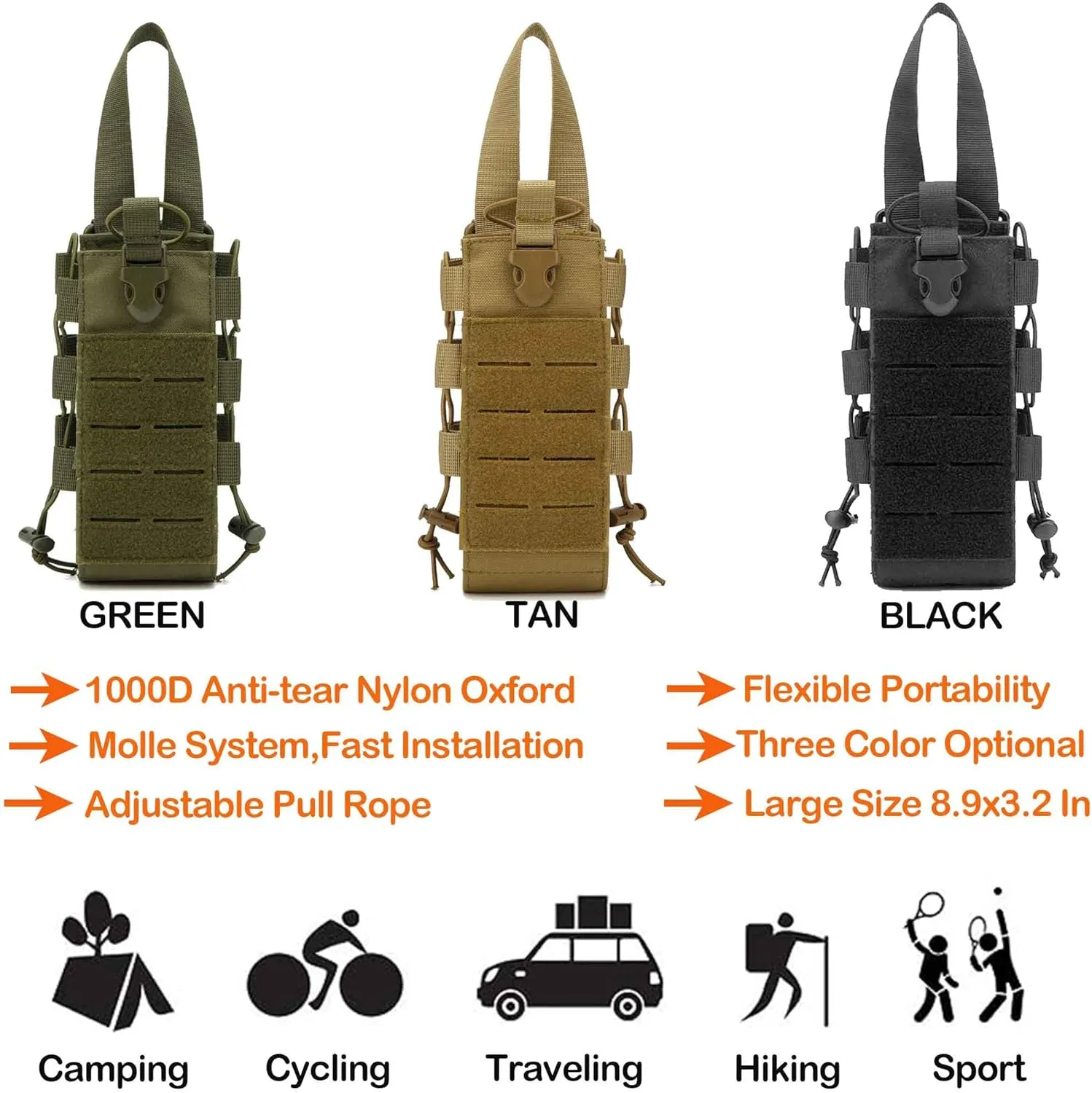 Upgrade Laser Cut Molle Water Bottle Holder Pouch, 1000D Tactical Adjustable Bottle Pouch Bag Carrier for Camping Hiking Bacpack