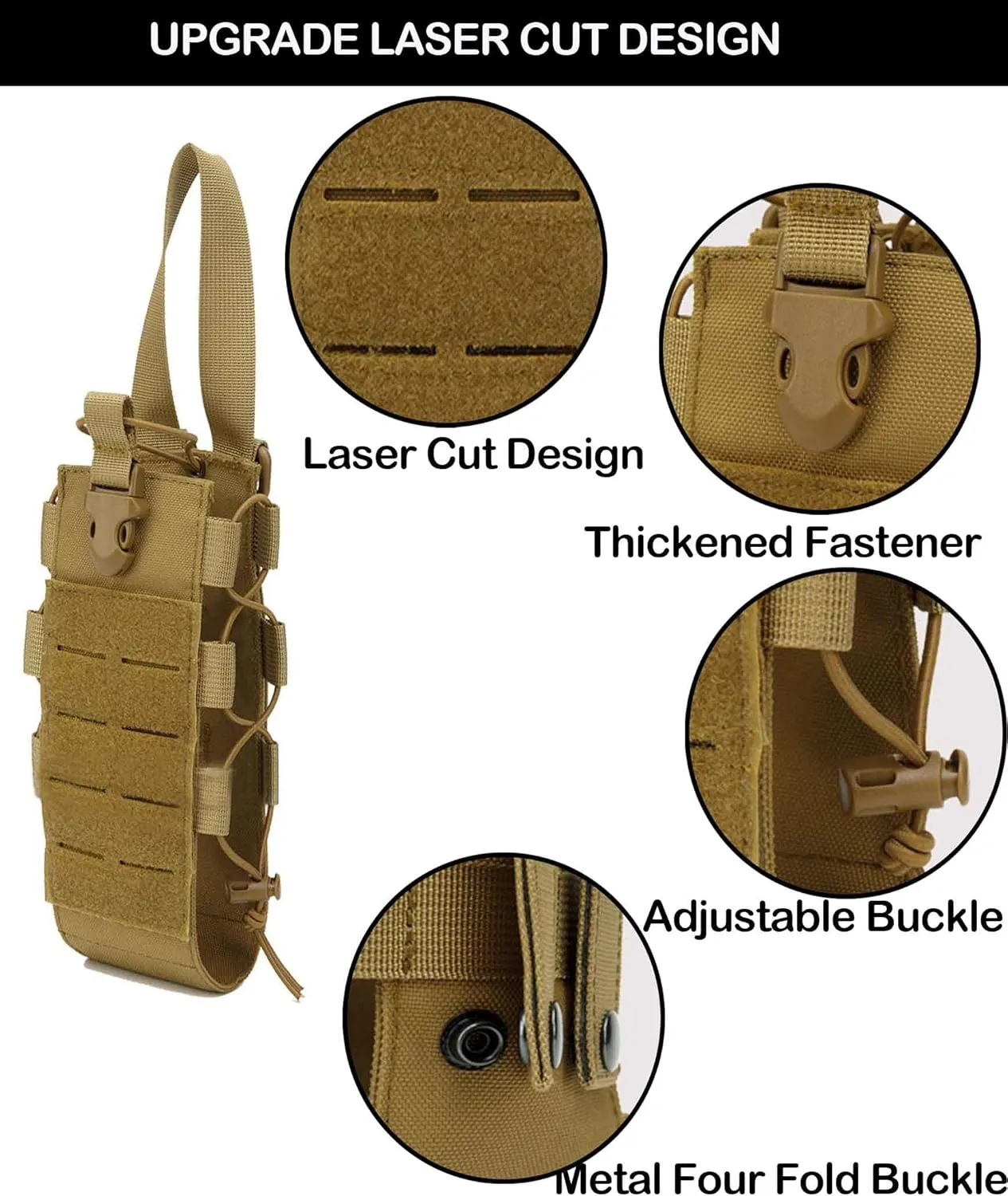 Upgrade Laser Cut Molle Water Bottle Holder Pouch, 1000D Tactical Adjustable Bottle Pouch Bag Carrier for Camping Hiking Bacpack
