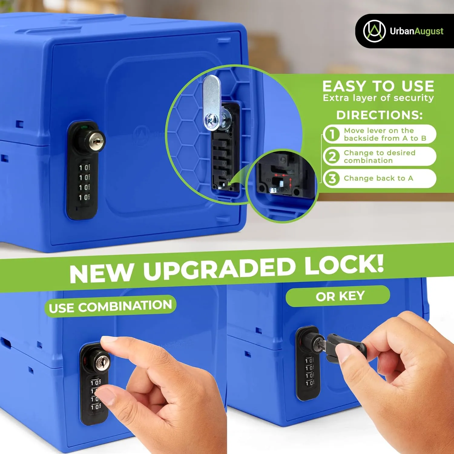 Urban August Dual Combination & Keyed Lockbox - Lockable Box for Everyday Use - Multi-Purpose lock for Home & Office Safety - Made of Industrial-Grade Plastic - One Size (Blue)