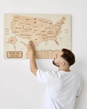 USA National Park Map - Full Set Color 1 - Gift Large Wood Wall Art with Geolocation Pins and Personalization Option - Wall Decor for Home, Kitchen, or Office (XL, 35"" x 24"")