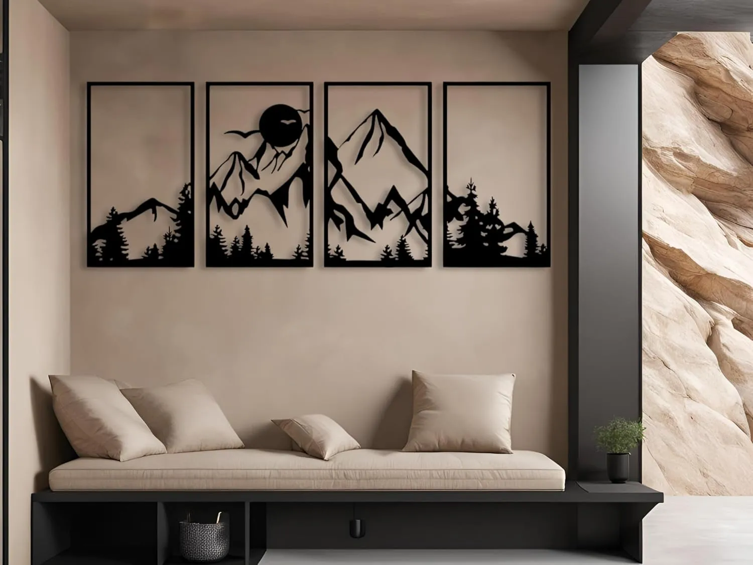 Vailla Large Mountain Wall Art Wood Wall Decor Set of 4 Wooden Wall Hanging Sculpture Modern Home Decoration 4 Panels Nature 3D Textured Sculptures for Living Room Bedroom Office Dinnig Room