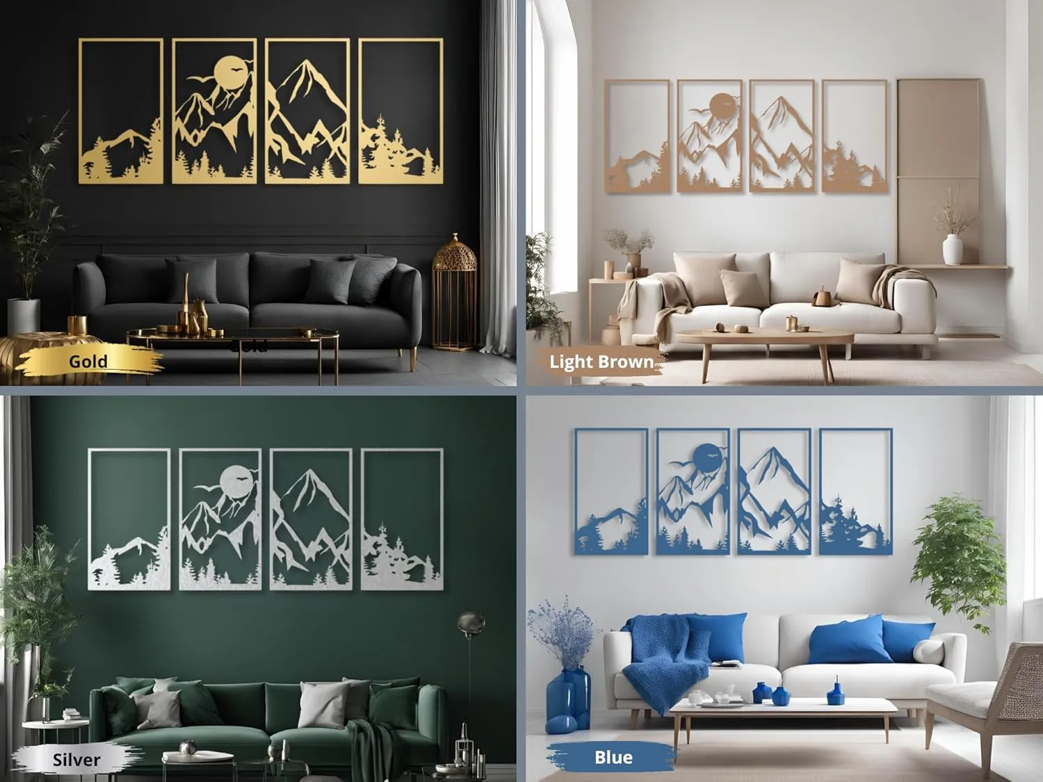Vailla Large Mountain Wall Art Wood Wall Decor Set of 4 Wooden Wall Hanging Sculpture Modern Home Decoration 4 Panels Nature 3D Textured Sculptures for Living Room Bedroom Office Dinnig Room