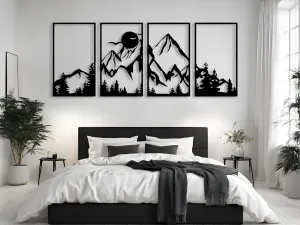 Vailla Large Mountain Wall Art Wood Wall Decor Set of 4 Wooden Wall Hanging Sculpture Modern Home Decoration 4 Panels Nature 3D Textured Sculptures for Living Room Bedroom Office Dinnig Room