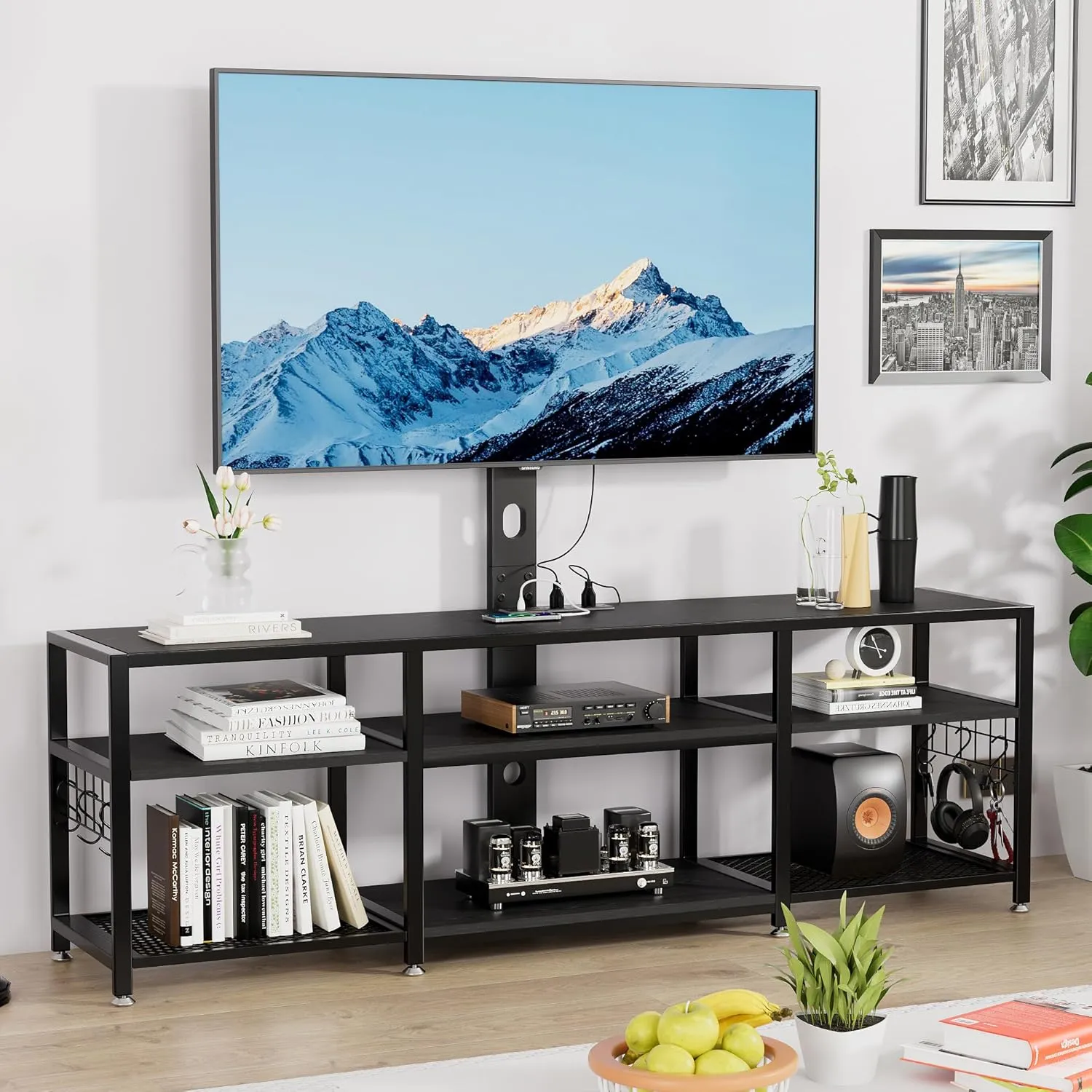 VECELO TV Stand with Mount and Power Outlet, Height Adjustable Entertainment Center with Storage Shelves for 55/65/70/75/80 inches Televisions, Console Table for Living Room, Bedroom, Matte Black