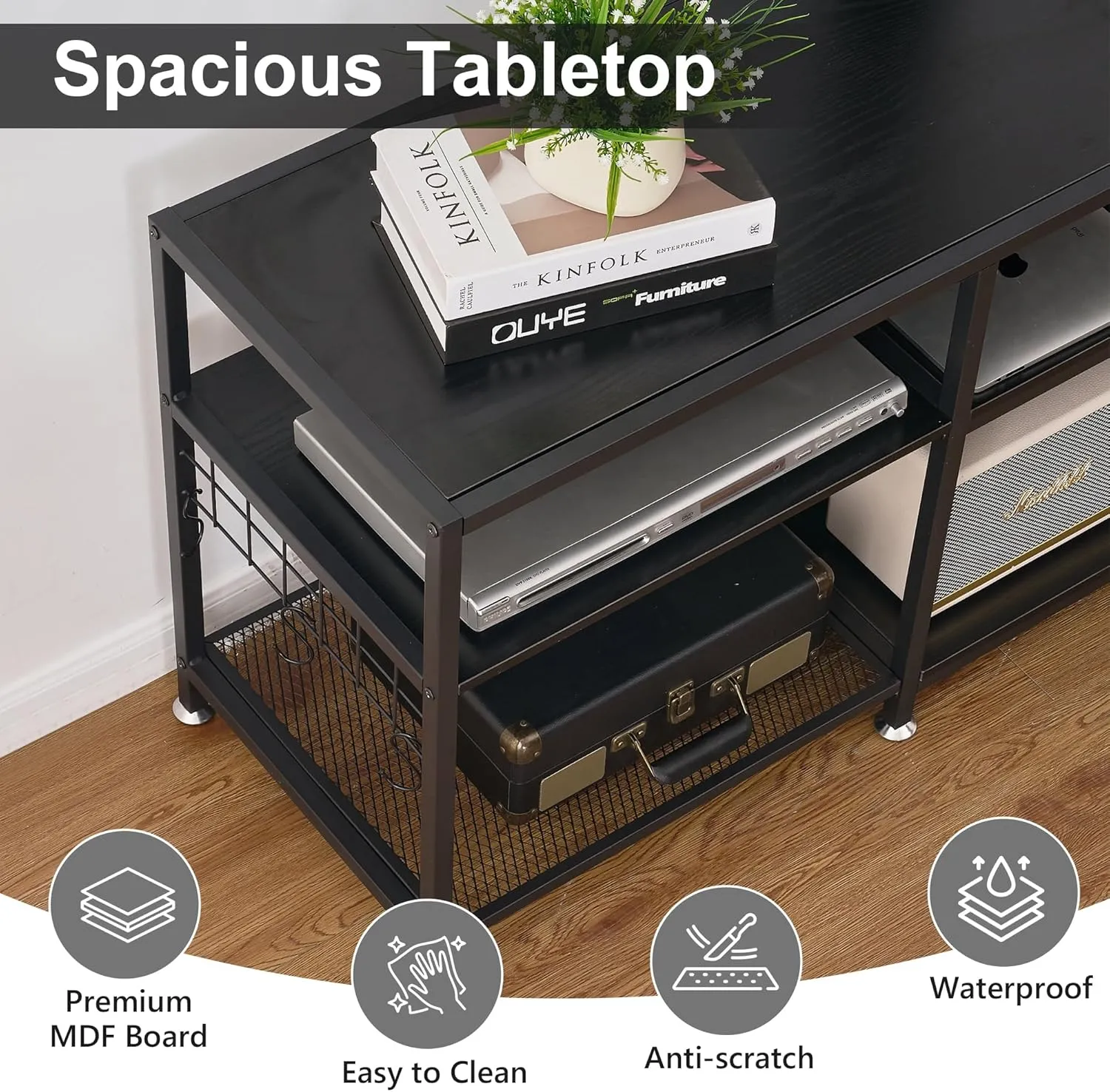 VECELO TV Stand with Mount and Power Outlet, Height Adjustable Entertainment Center with Storage Shelves for 55/65/70/75/80 inches Televisions, Console Table for Living Room, Bedroom, Matte Black