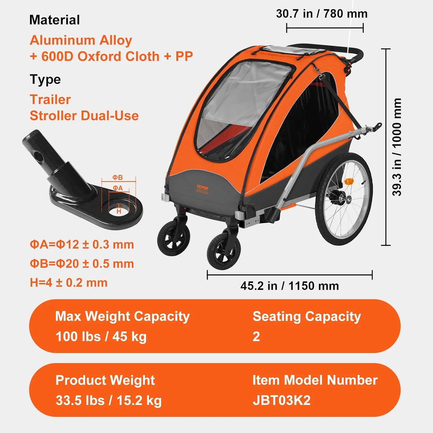 VEVOR Bike Trailer for Toddlers, Kids, 2 Seat, Supports up to 100/110 lbs, 2-in-1 Canopy Carrier Converts to Stroller, Tow Behind Foldable Child Bicycle Trailer with Universal Bicycle Coupler