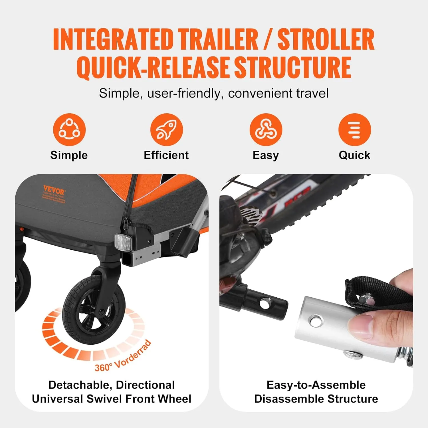 VEVOR Bike Trailer for Toddlers, Kids, 2 Seat, Supports up to 100/110 lbs, 2-in-1 Canopy Carrier Converts to Stroller, Tow Behind Foldable Child Bicycle Trailer with Universal Bicycle Coupler