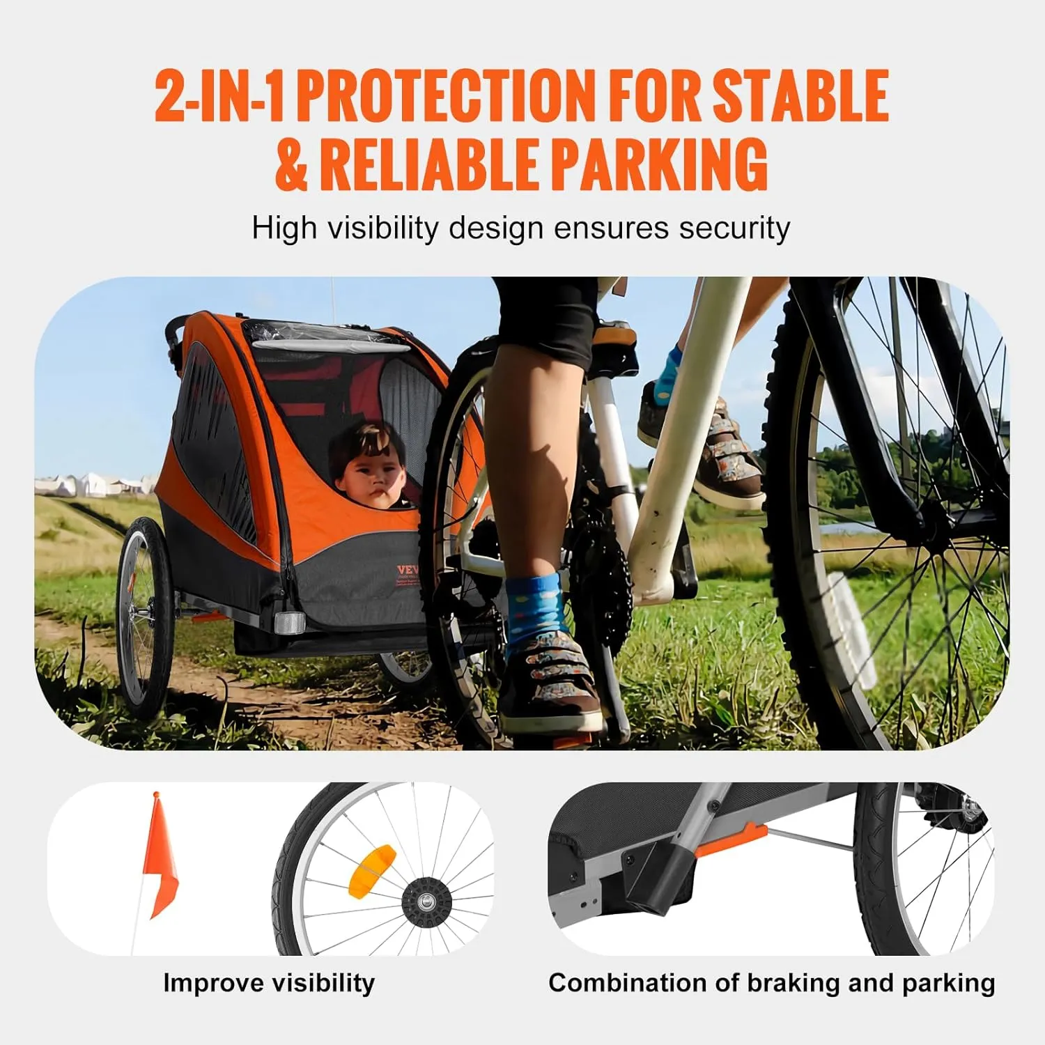 VEVOR Bike Trailer for Toddlers, Kids, 2 Seat, Supports up to 100/110 lbs, 2-in-1 Canopy Carrier Converts to Stroller, Tow Behind Foldable Child Bicycle Trailer with Universal Bicycle Coupler