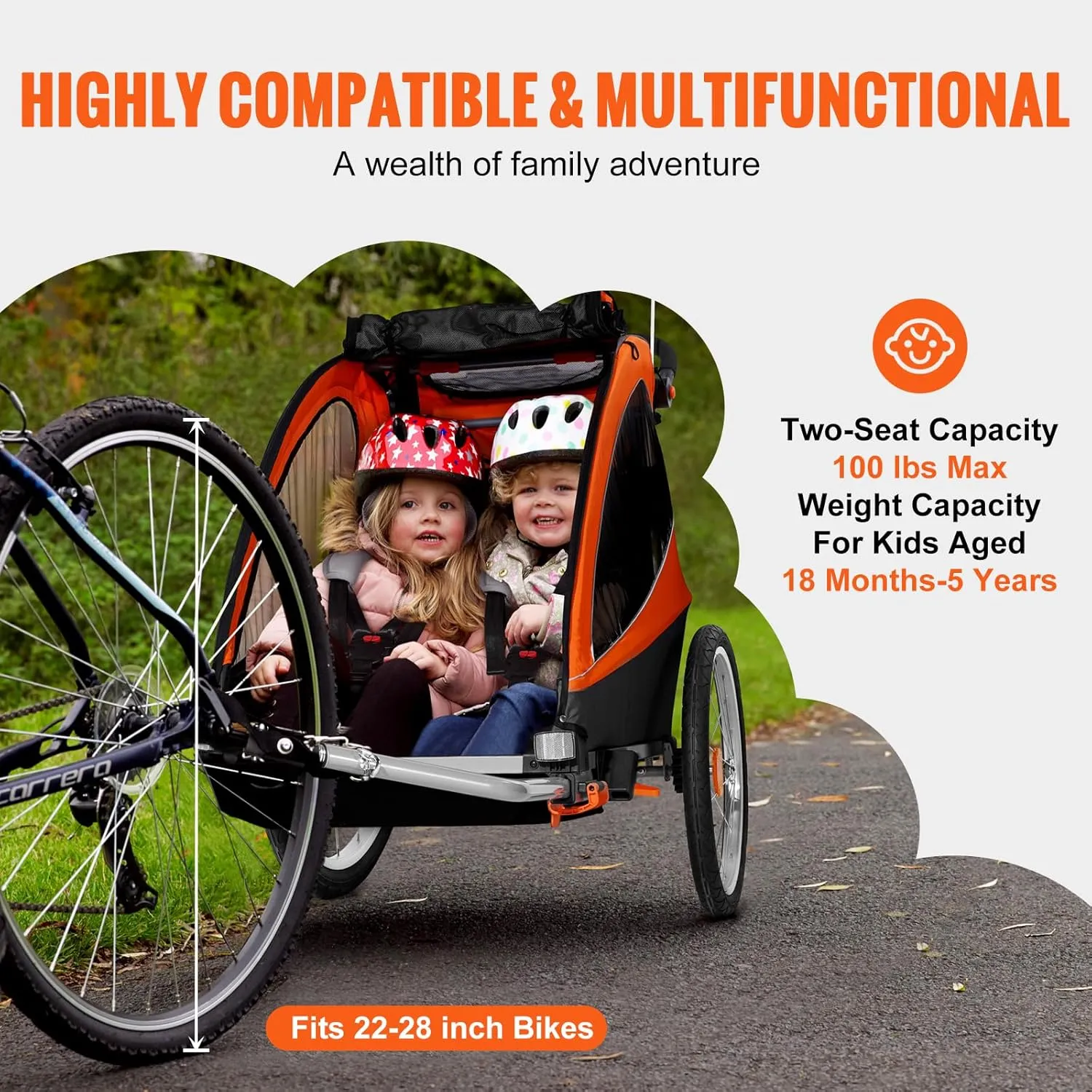 VEVOR Bike Trailer for Toddlers, Kids, 2 Seat, Supports up to 100/110 lbs, 2-in-1 Canopy Carrier Converts to Stroller, Tow Behind Foldable Child Bicycle Trailer with Universal Bicycle Coupler
