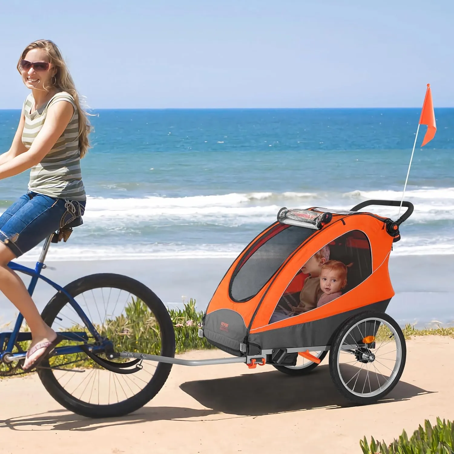 VEVOR Bike Trailer for Toddlers, Kids, 2 Seat, Supports up to 100/110 lbs, 2-in-1 Canopy Carrier Converts to Stroller, Tow Behind Foldable Child Bicycle Trailer with Universal Bicycle Coupler