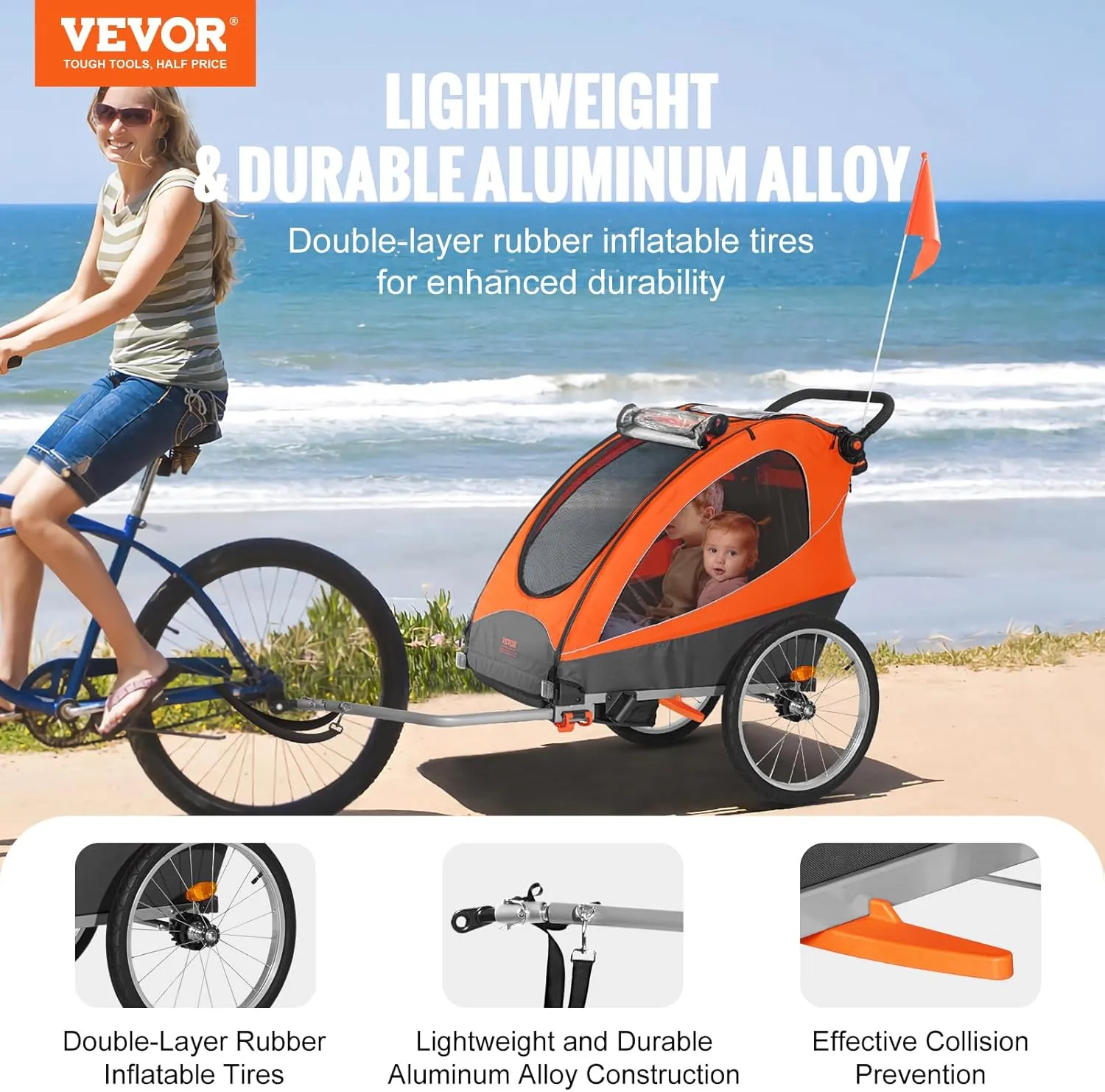 VEVOR Bike Trailer for Toddlers, Kids, 2 Seat, Supports up to 100/110 lbs, 2-in-1 Canopy Carrier Converts to Stroller, Tow Behind Foldable Child Bicycle Trailer with Universal Bicycle Coupler
